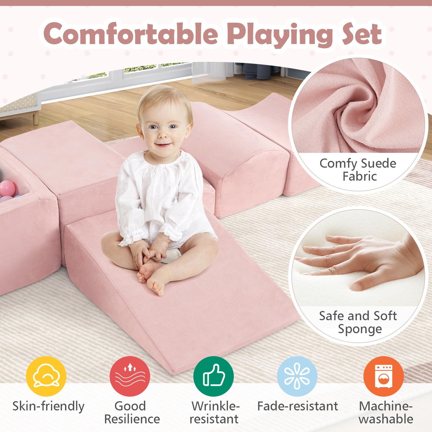 HONEY JOY Toddler Climbing Toys Indoor, 5-Piece Soft Foam Climbing Blocks w/Ball Pit, Washable Baby Playtime Playground Set, Modular Structure Gym Equipment, Kids Climb and Crawl Playset, Gift (Pink)