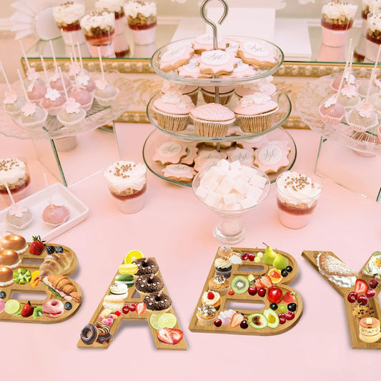 4 Pcs Wood Baby Charcuterie Board Letters, Wooden BABY Letters for Baby Shower, Birthday, Party Food Display Decorations