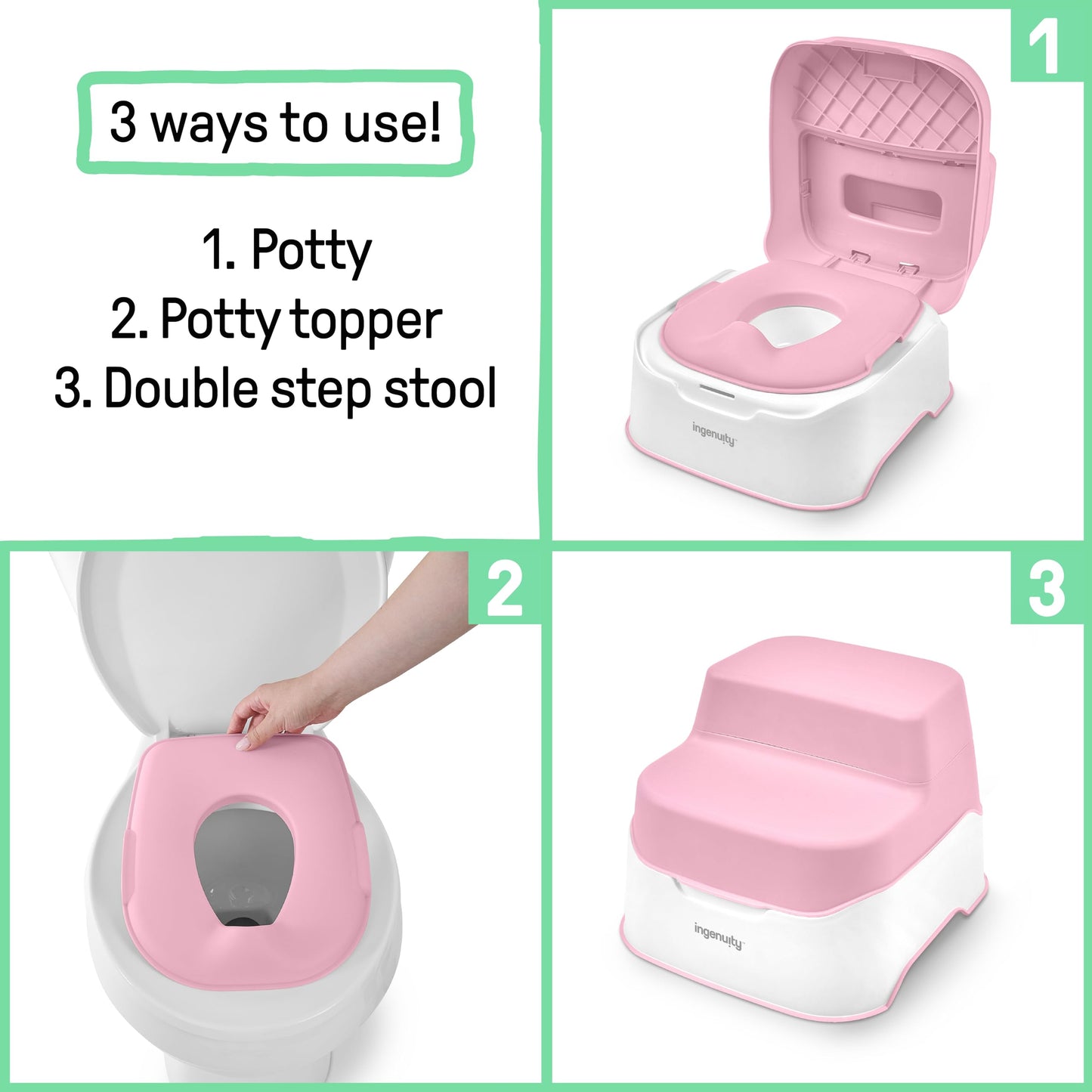 Ingenuity Prepare to Potty 3-in-1 System - Potty Training Toilet, Topper, Step Stool, Easy Setup, Pink, for Toddlers 18 Months+