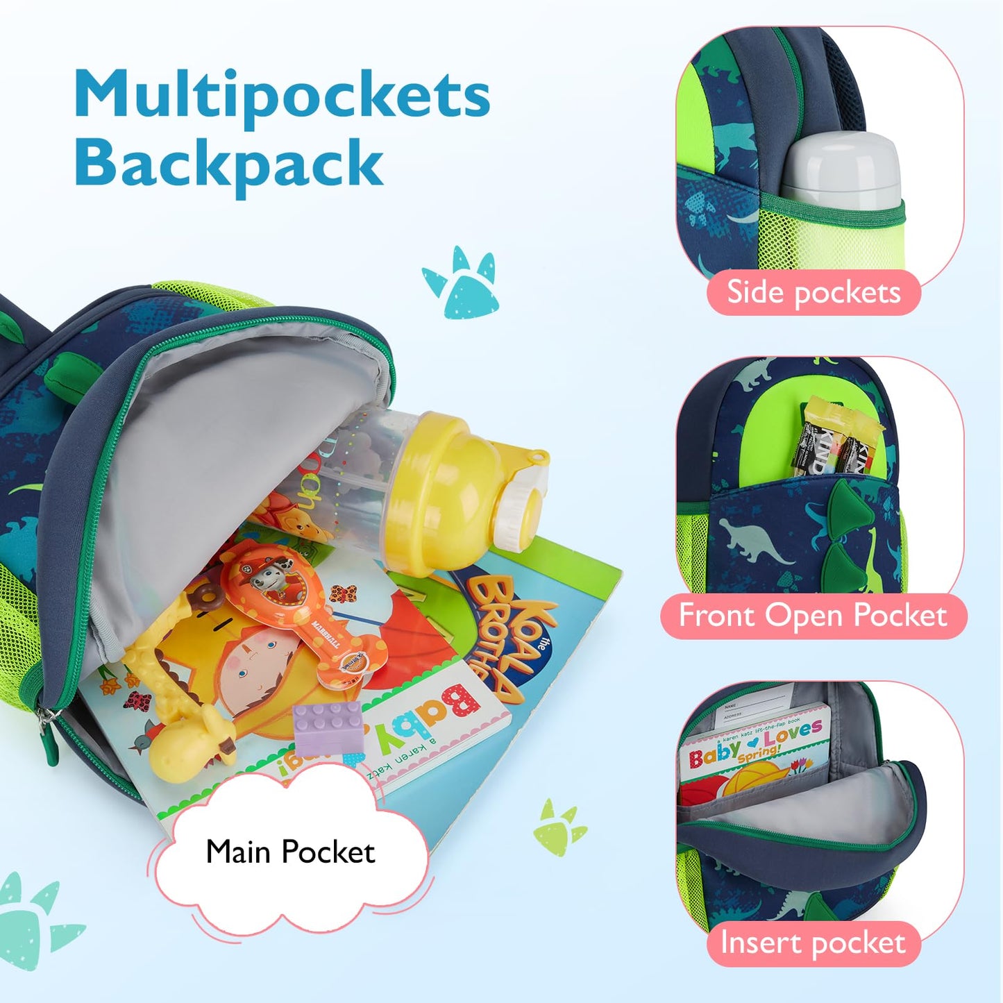 mommore Toddler Backpack for Boys 2-4, 3D Cartoon Mini Kids Travel Bag, Small Baby Backpack with Toddler Leash, Chest Buckle, Water-Resistant Pre-K Schoolbag, Dinosaur