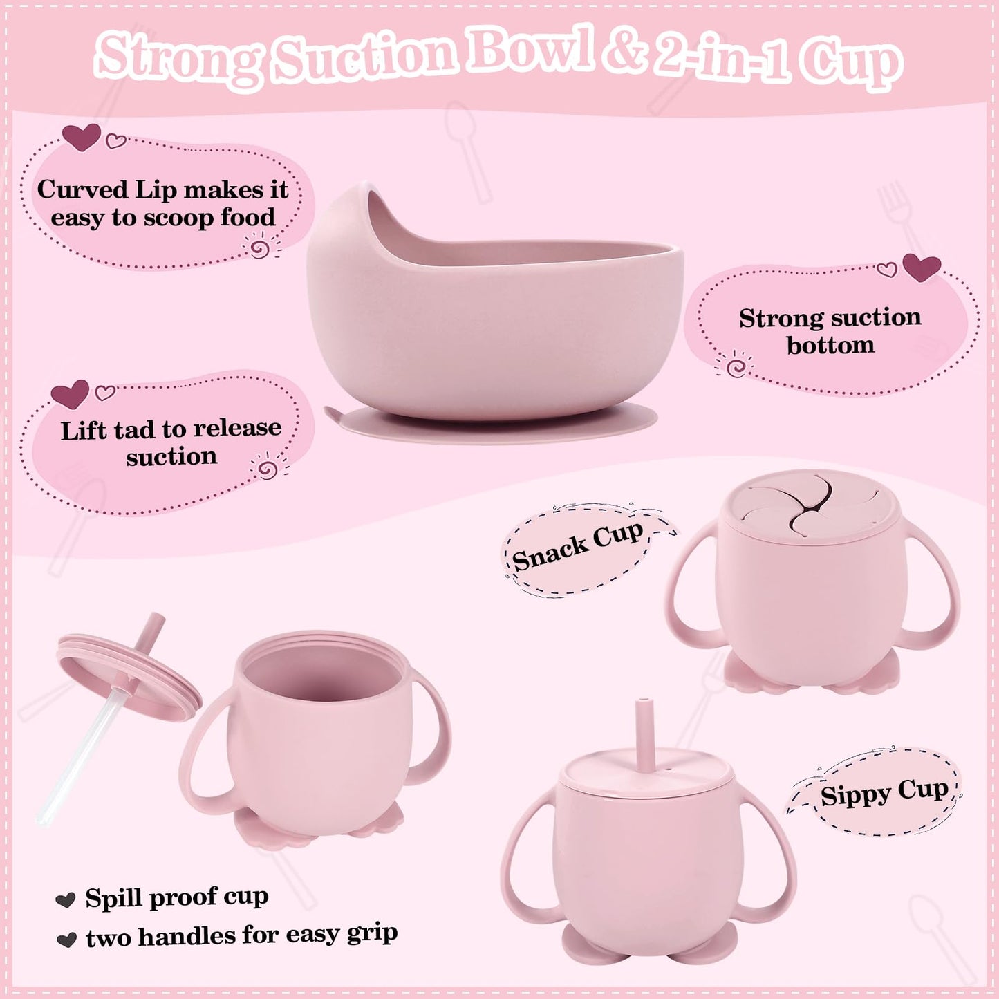 Silicone Baby Feeding Set 10 Pcs Baby Led Weaning Supplies Suction Bowl Divided Plate Baby Bibs Fruit Feeder Baby Spoons Forks Sippy Cup Toddler Utensil Sets Baby Essentials for Newborn Gift