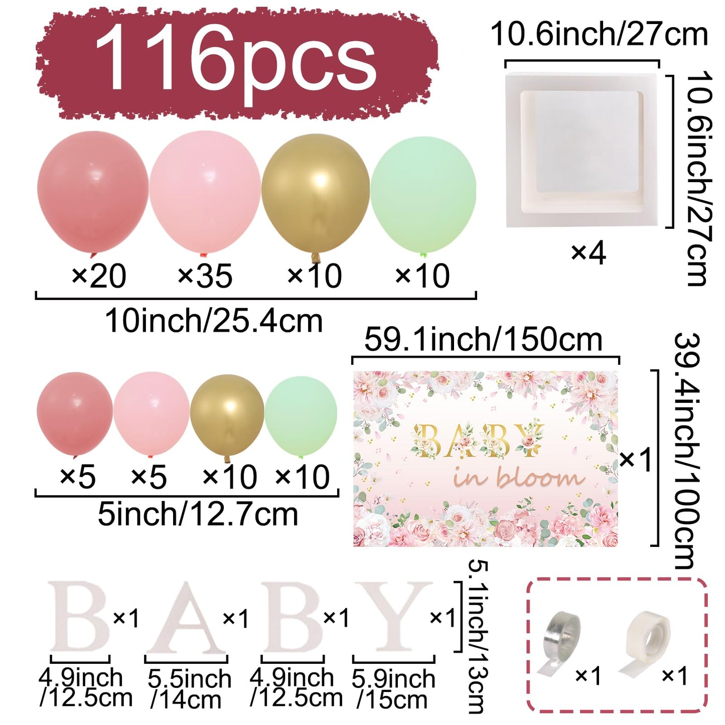 Baby in Bloom Baby Shower Decorations - 116pcs Pink and Sage Green Balloon Arch Kit, BABY in Bloom Backdrop and Baby Boxes with Letters for Pink Floral Baby Shower Decorations for Girl