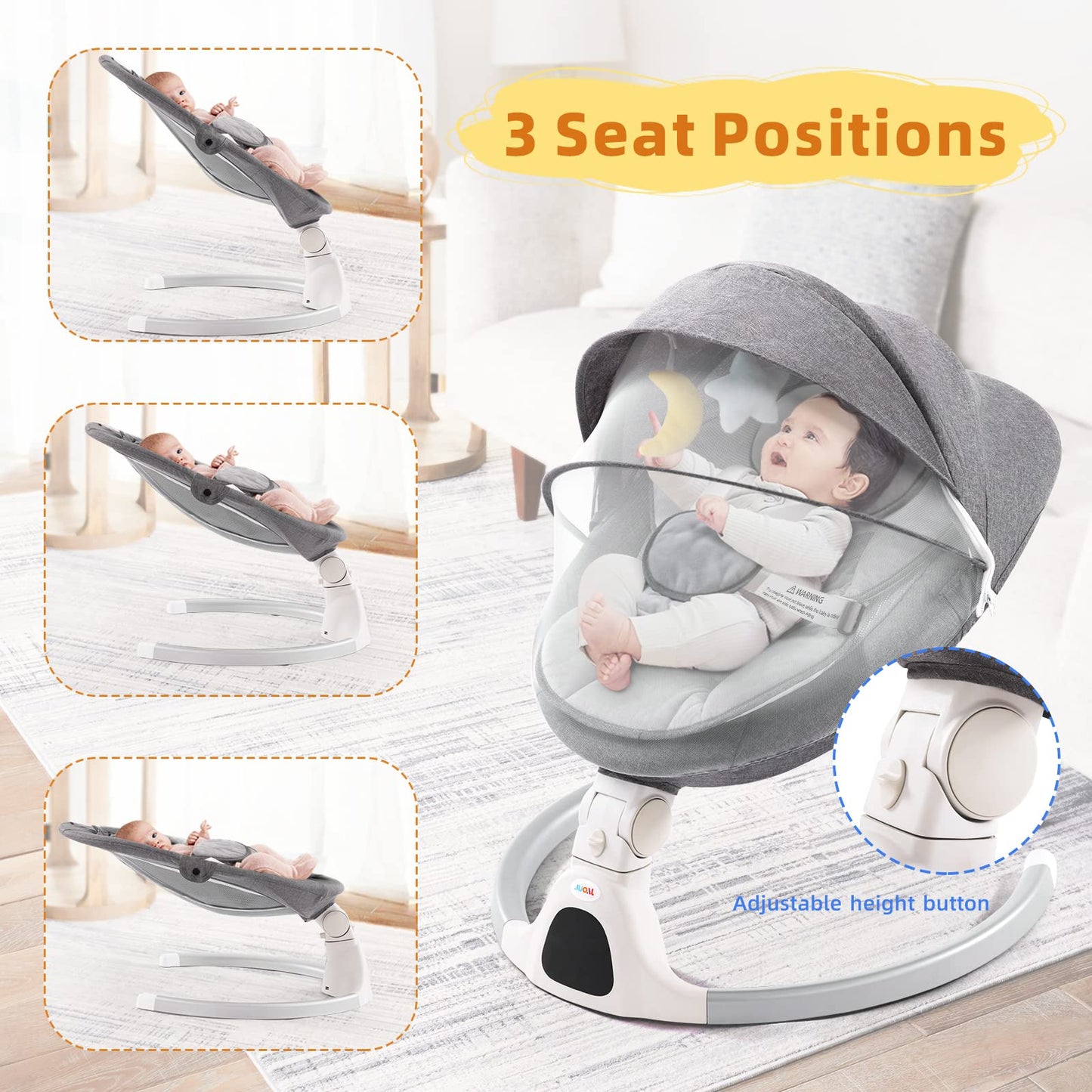 Jaoul Baby Swing for Infants - Electric Portable Newborn Bouncer With Bluetooth Touch Screen/Remote Control, Timing Function, 5 Speeds, 3 Seat Positions for Boys and Girls (Pink)