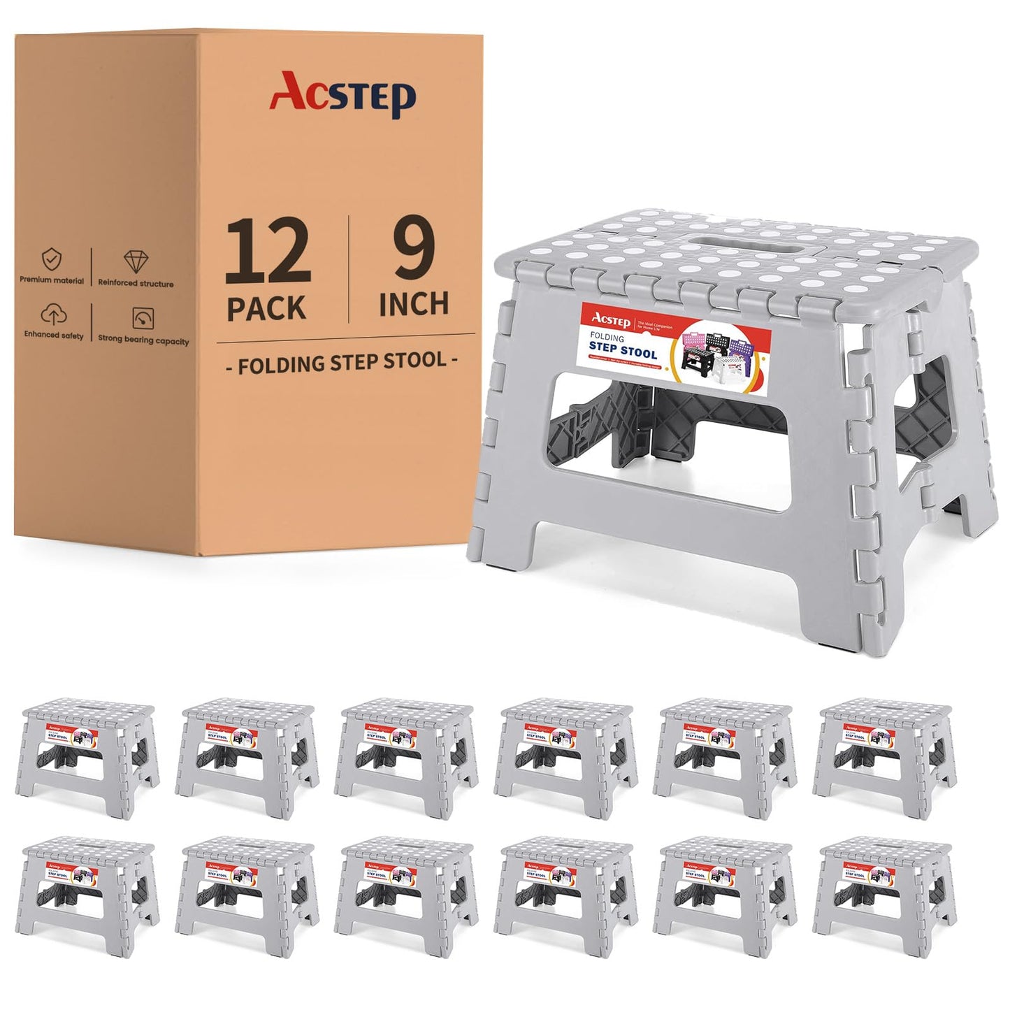 ACSTEP Folding Step Stool 9'' Tall Kids Step Stool Holds Up to 300 lb Plastic Foldable Step Stools for Kids Non-Slip Surface with Carry Handle Collapsible Stool for Home, Outdoor and Indoor(Black)