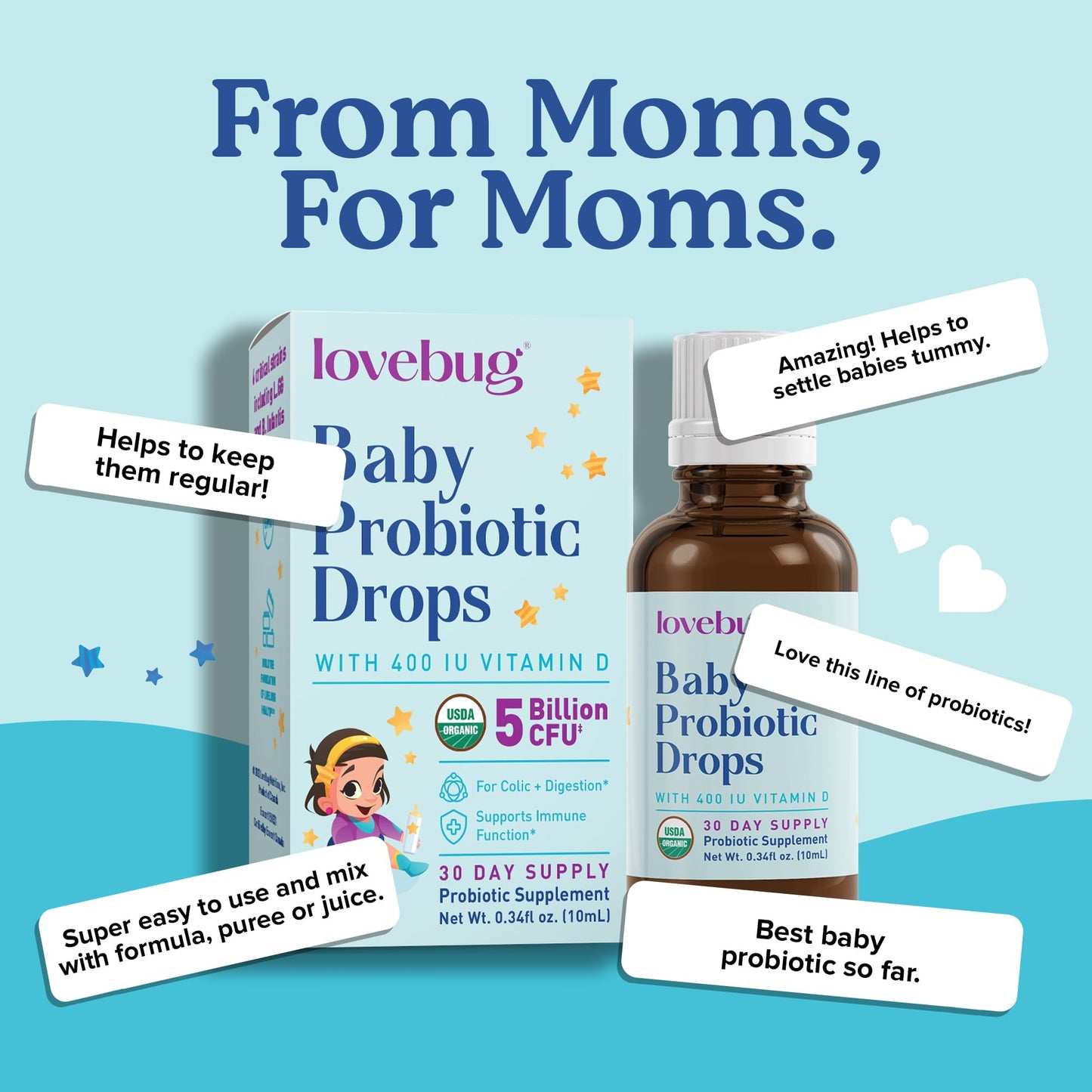 Lovebug Award Winning USDA Organic Probiotic for Infants & Babies | Helps with Colic, Reflux, Diarrhea, Constipation & Gas | Multi-Strain 5 Billion CFU | Liquid Drops | Ages 0-24 Months