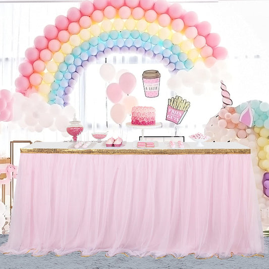 HB HBB MAGIC Pink Table Skirt Tulle Tutu Table Skirt for Rectangle Tables 6ft Girl Birthday Party Baby Shower Unicorn Decorations