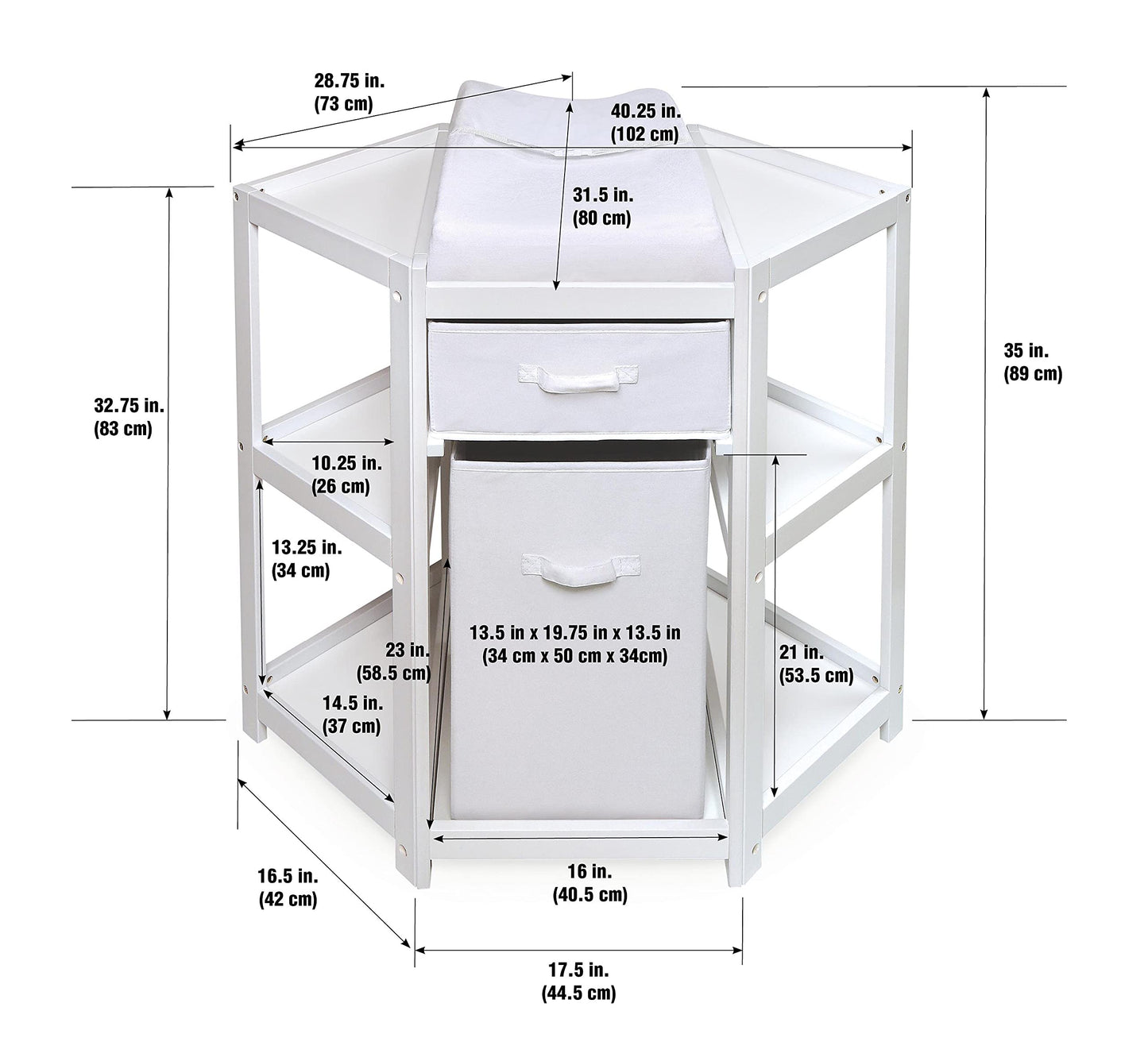 Badger Basket Diaper Corner Baby Changing Table – Space-Saving White Nursery Station with Hamper, Basket & Changing Pad