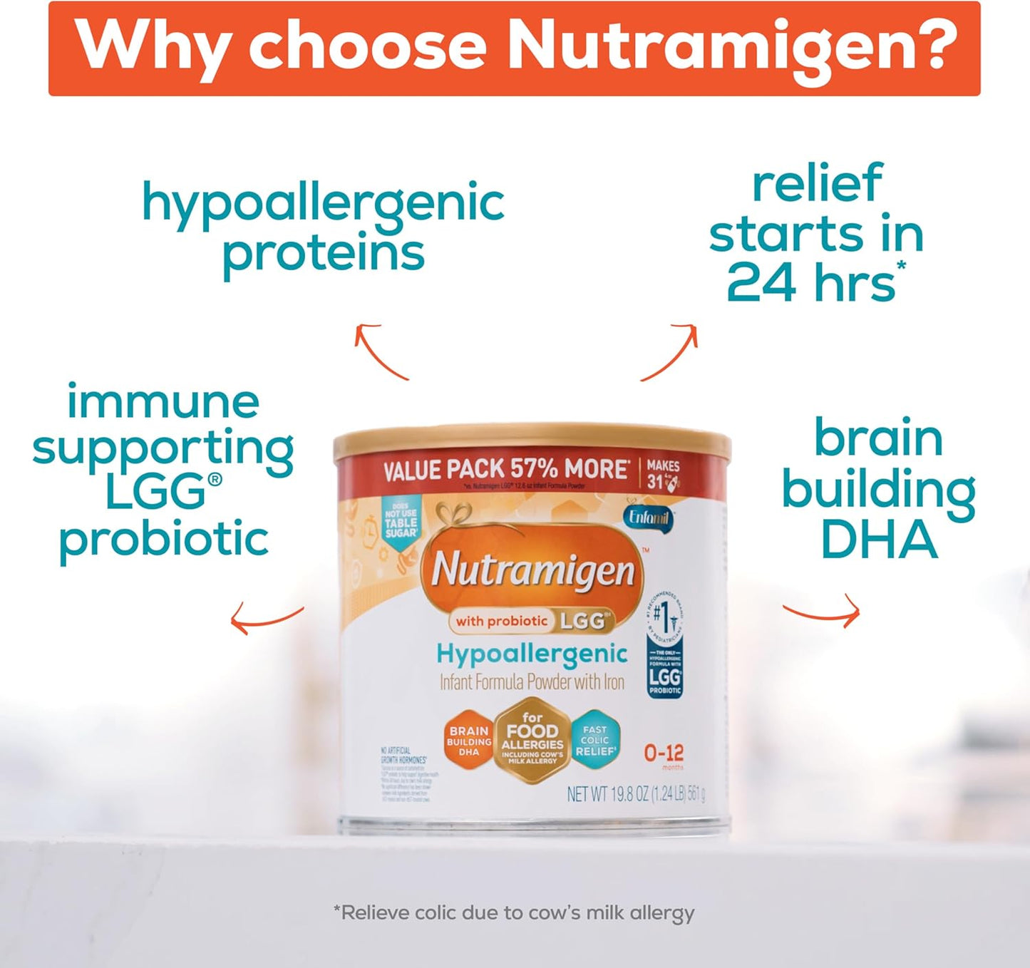 Enfamil Nutramigen Baby Formula, Hypoallergenic and Lactose Free Formula with Enflora LGG, Fast Relief from Severe Crying and Colic, Powder Can, 19.8 Oz (Pack of 1)