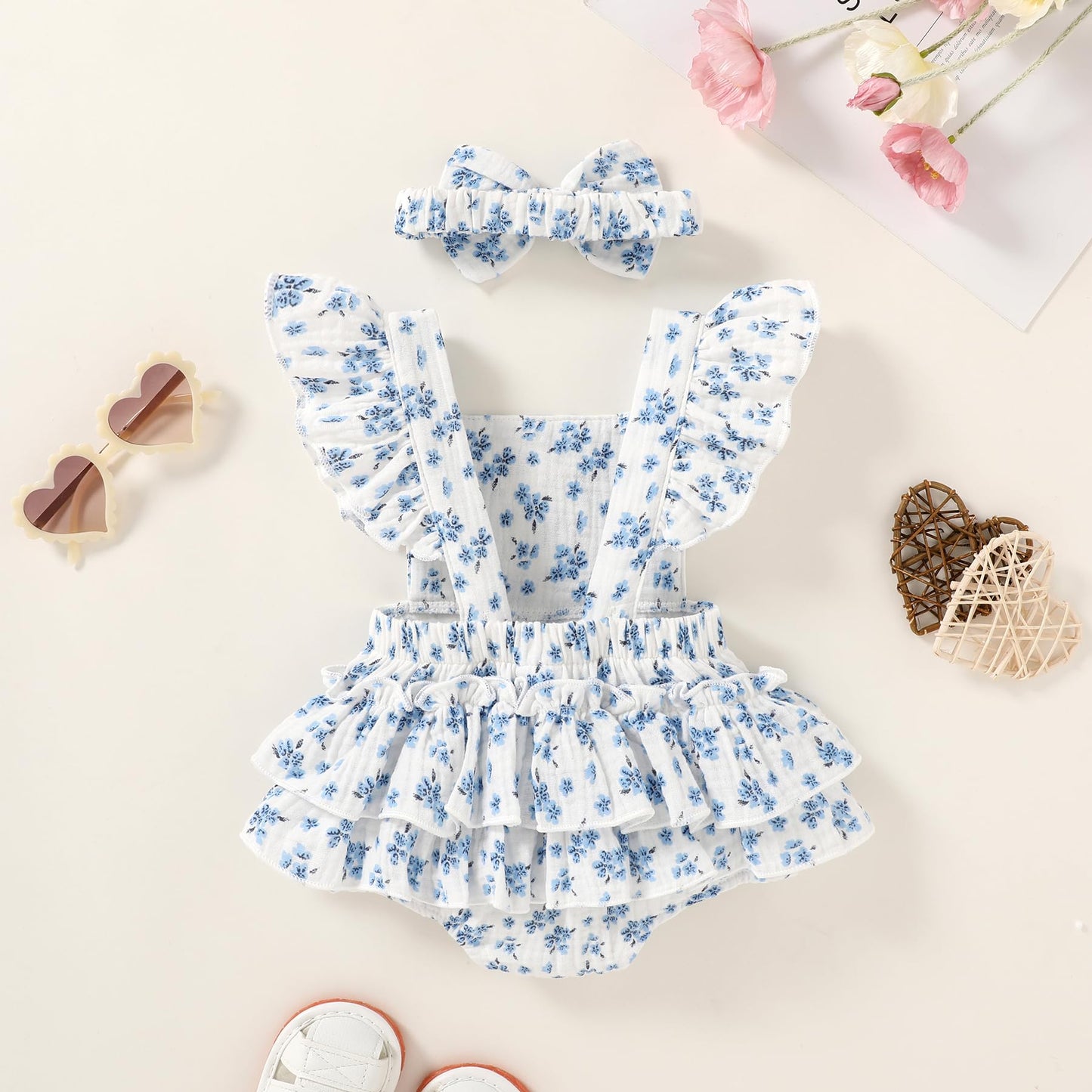 Happy Town Baby Girl Clothes Toddler Summer Linen Romper Sleeveless Ruffle Outfits Infant Girls Jumpsuit with Headband