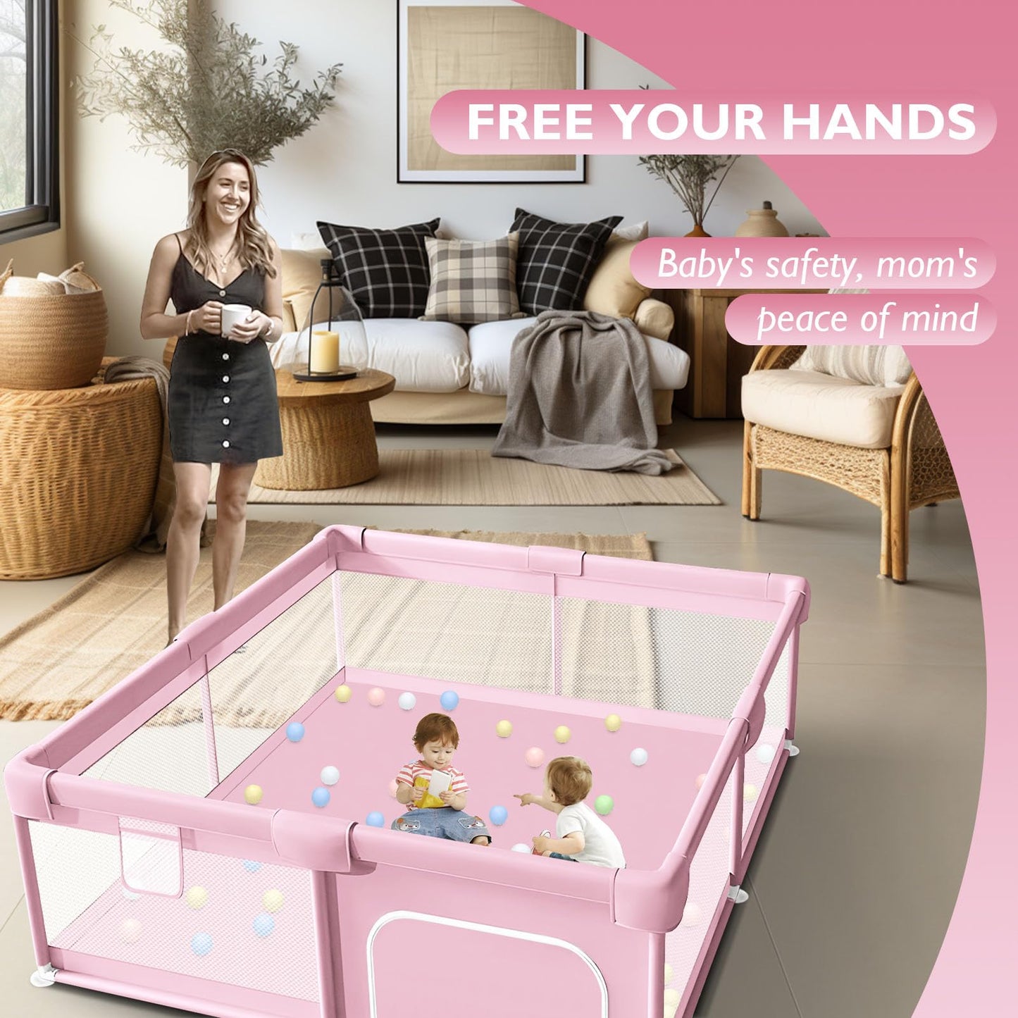 Baby Playpen 50x50 Inch, Play Pens for Babies and Toddlers Baby Fence Baby Play Yards for Indoor & Outdoor with Breathable Mesh Anti-Fall Playpen