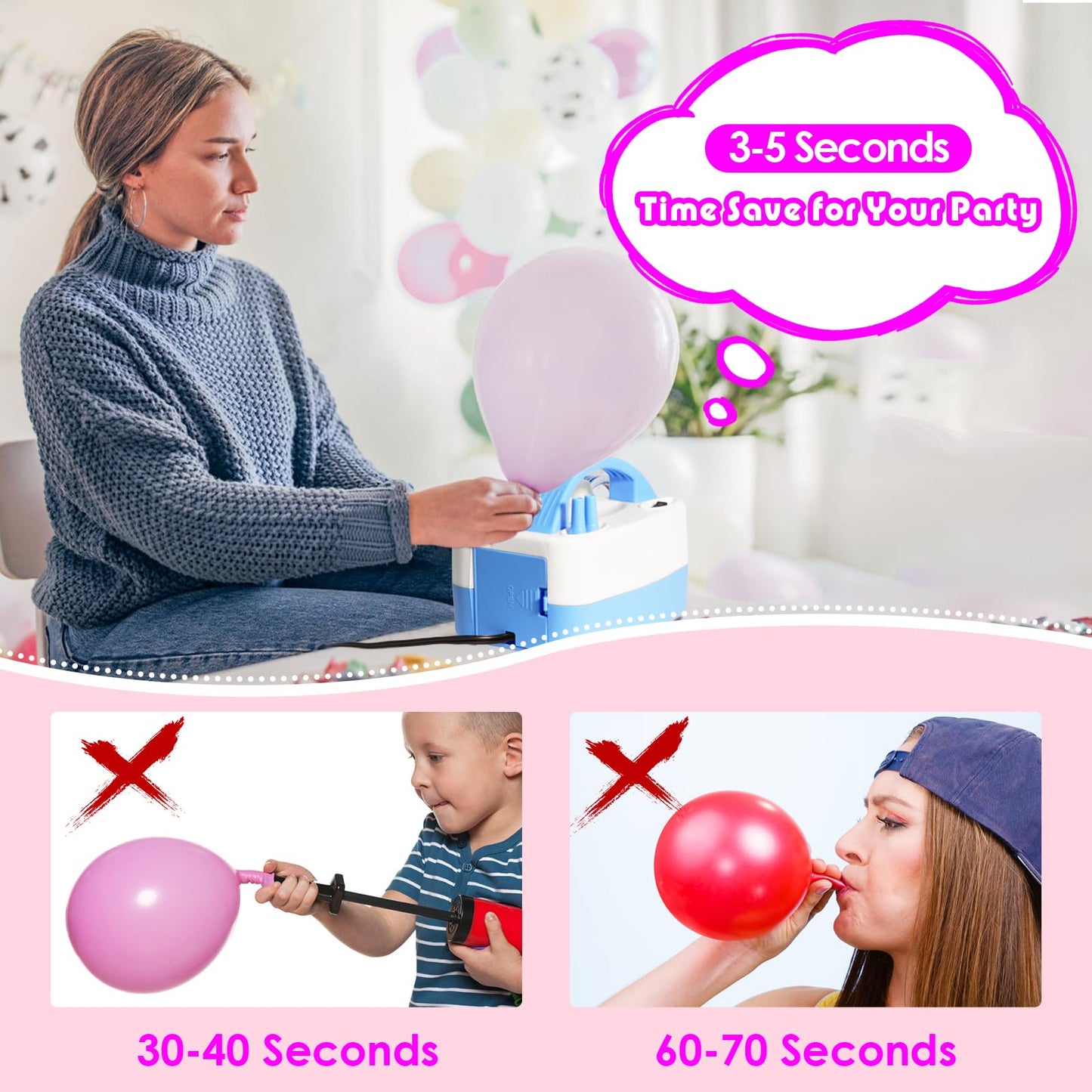 Balloon Pump Electric, Portable Automatic Dual Nozzle Inflator 110V 600W with Tying Tools for Birthday Gender Reveal Baby Shower Balloons Party Decorations
