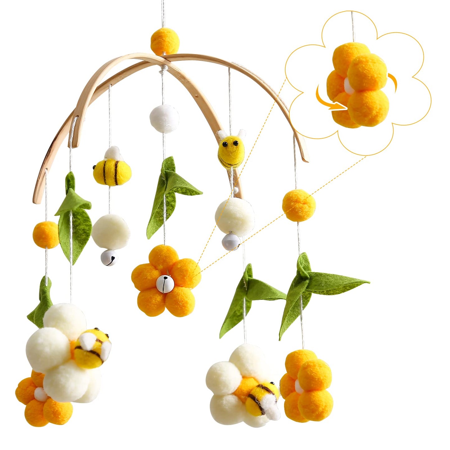 OESSUF Baby Mobile for Crib, Crib Nursery Mobile for Boys Girls, Boho Bee Flower Nursery Decor Soothe Toy Baby Shower Set for Infant Bedroom Hanging Decoration Toy, Pink