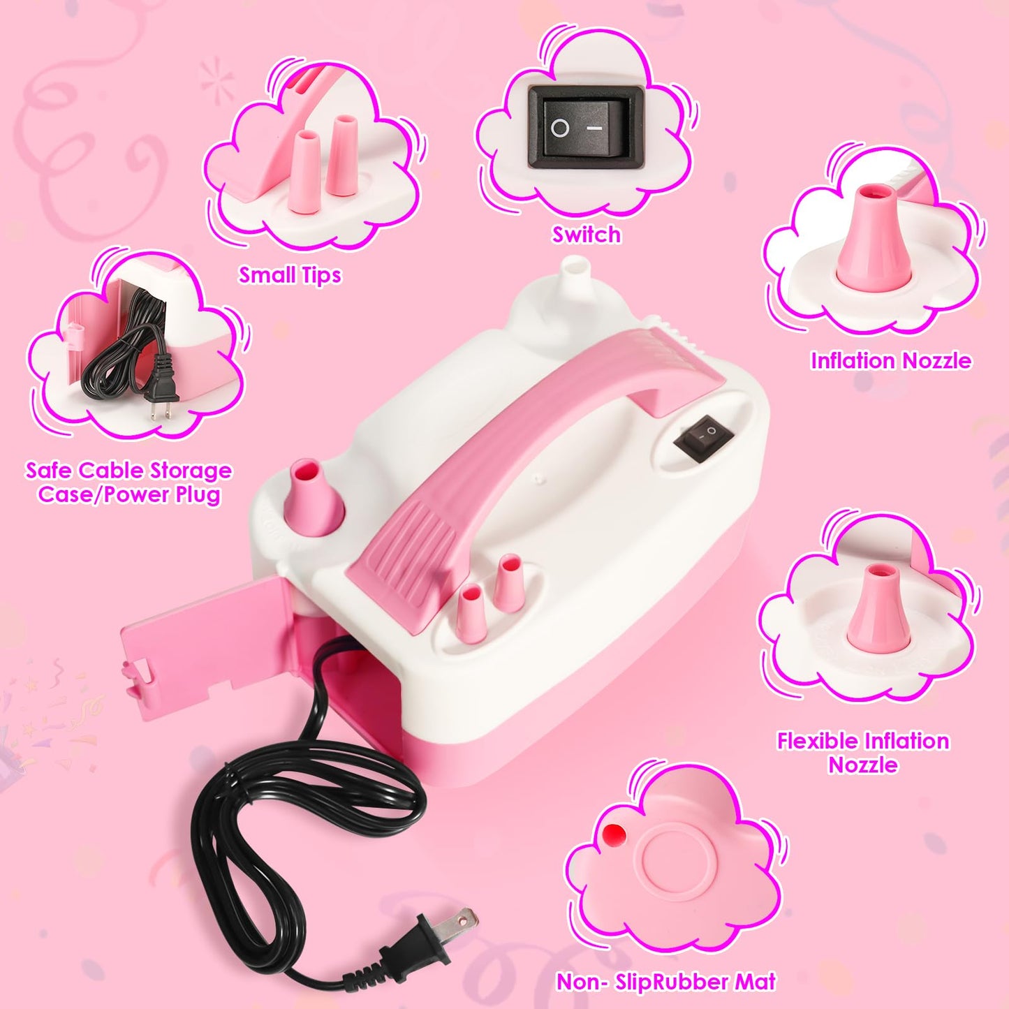 Balloon Pump Electric, Portable Automatic Dual Nozzle Inflator 110V 600W with Tying Tools for Birthday Gender Reveal Baby Shower Balloons Party Decorations