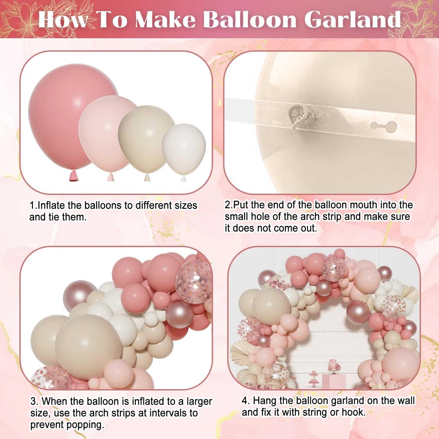 Ouddy Party Dusty Pink Balloons Arch Garland Kit, Different Sizes 18 12 10 5 Inch Boho Pink White Sand Latex Metallic Confetti Balloon for Girl Baby Shower Mothers Day Birthday Party Decorations