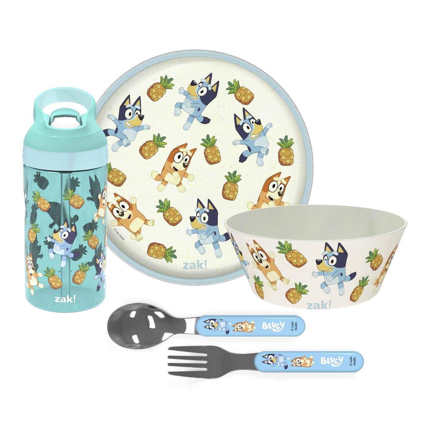 Zak Designs 5-Piece Dinnerware Set, Baby Shark - Durable Plastic & Stainless Steel - Includes Water Bottle, 8-Inch Plate, 6-Inch Bowl, Fork & Spoon - Suitable for Kids Ages 3+