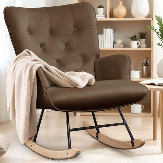 Rocking Chair for Nursery, Comfy Velvet Fabric Glider Rocker, Reading Chair with Support Seating and Side Pockets, Rocking Recliner Chair for Living Room, Bedroom, Balcony, Creamy Beige