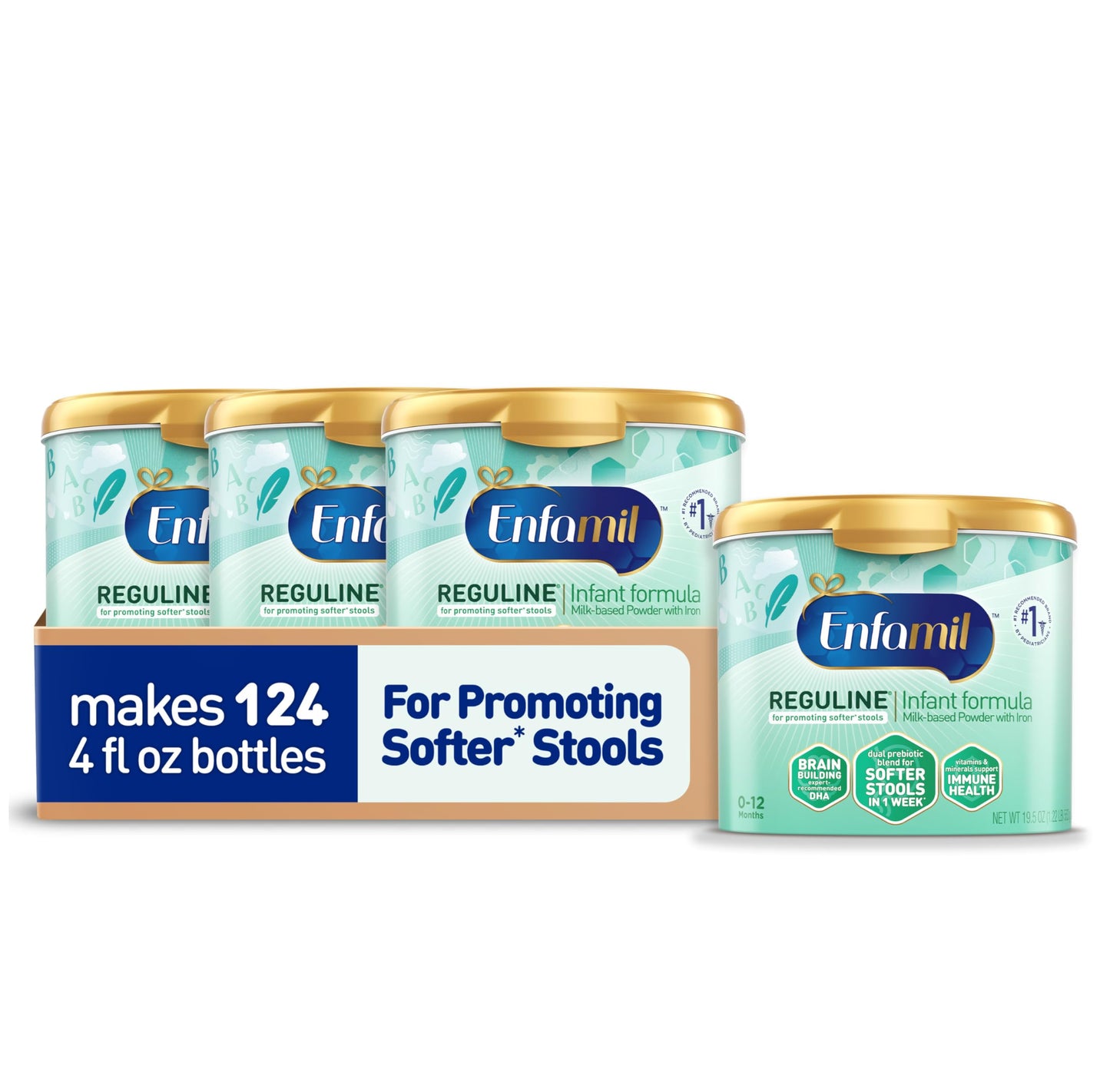 Enfamil Reguline Baby Formula, Milk-Based Infant Nutrition, Dual Prebiotics for Soft, Comfortable Stools within 1 Week of Use, Omega-3 DHA for Immune Support, Reusable Powder Tub, 19.5 Oz