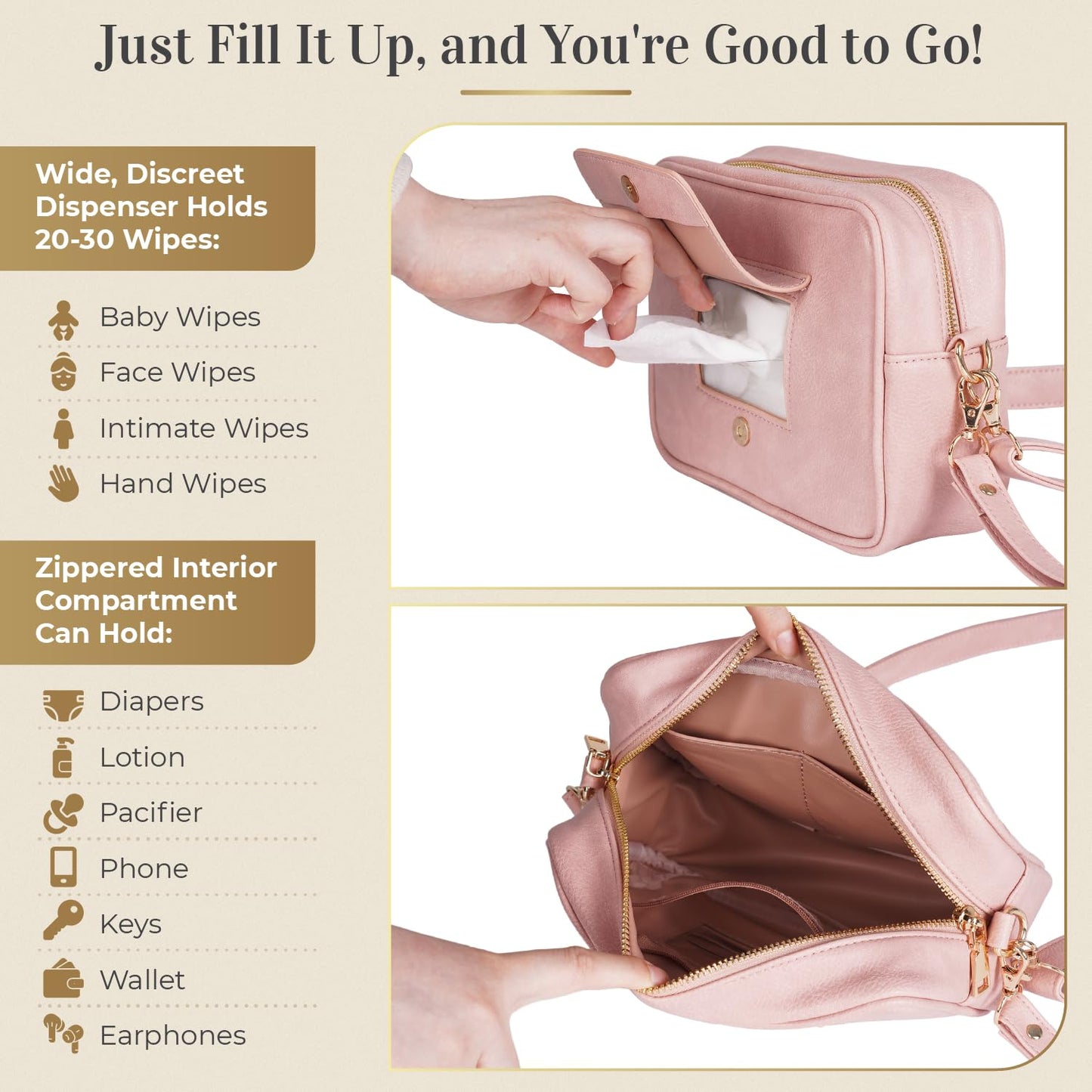Crossbody Diaper Bag Purse with Wipes Dispenser - Stylish Vegan Leather Baby Wipes Holder Clutch for Women - Multipurpose Luxury Diaper Bag Pouch Can Hold 20-30 Various Types of Wipes - Pink
