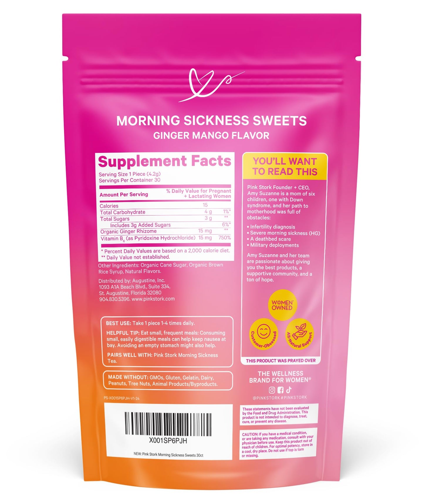 Pink Stork Morning Sickness Sweets, Organic Raspberry Ginger Candy with Vitamin B6, Support for Motion Sickness, Prenatal Heartburn - Pregnancy Must Haves - 30 Wrapped Drops