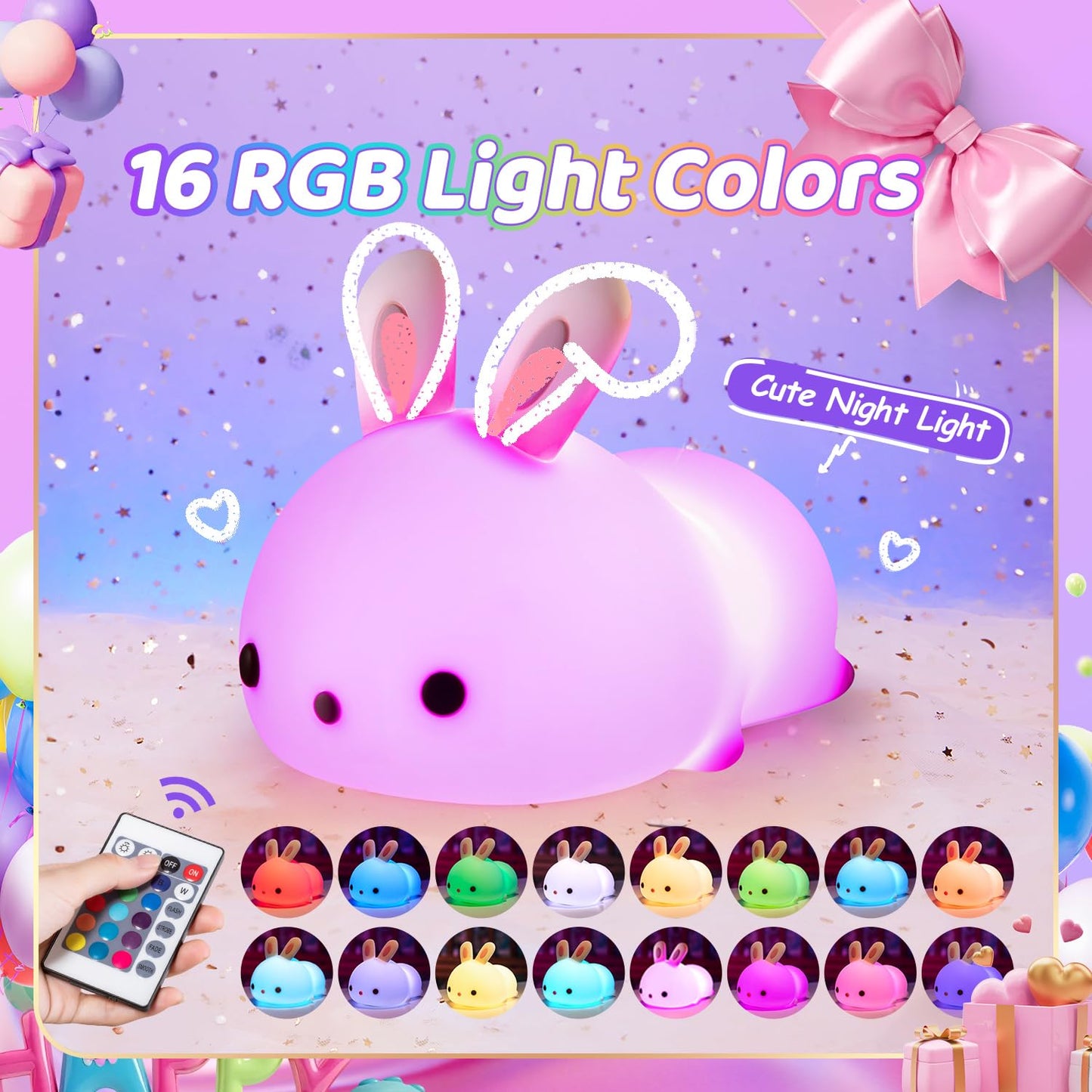 One Fire Night Light for Kids Bunny Cute Lamp, Kawaii 16 Colors Kids Night Light Baby Night Light Lamp, Rechargeable Toddler Night Light for Baby Nursery Night Light,Kids Lamp Nightlight for Kids Room
