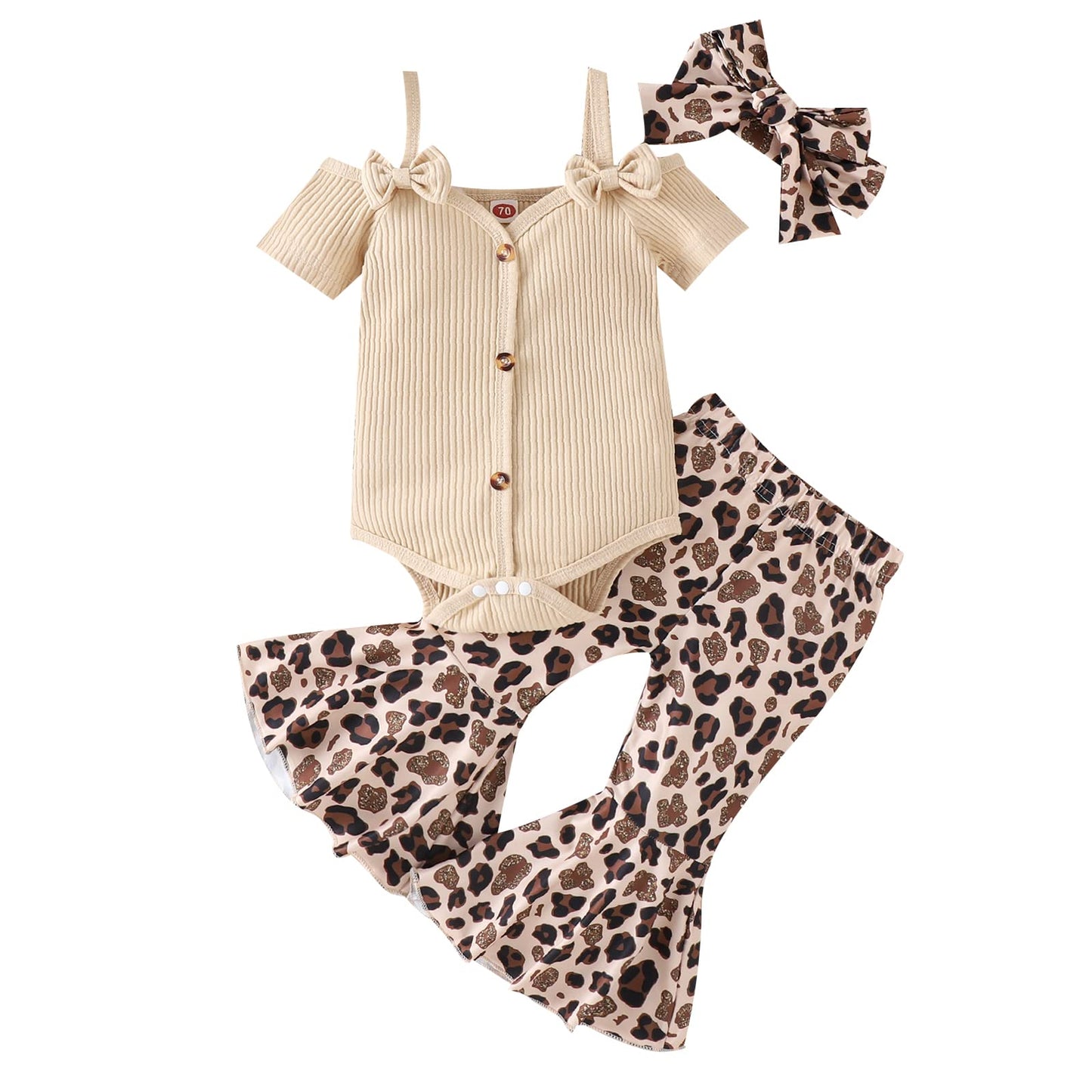 Fernvia Infant Baby Girl Clothes Suspenders Short Sleeve Ribbed Romper Flared Pants Set Headband 3pcs Summer Outfit