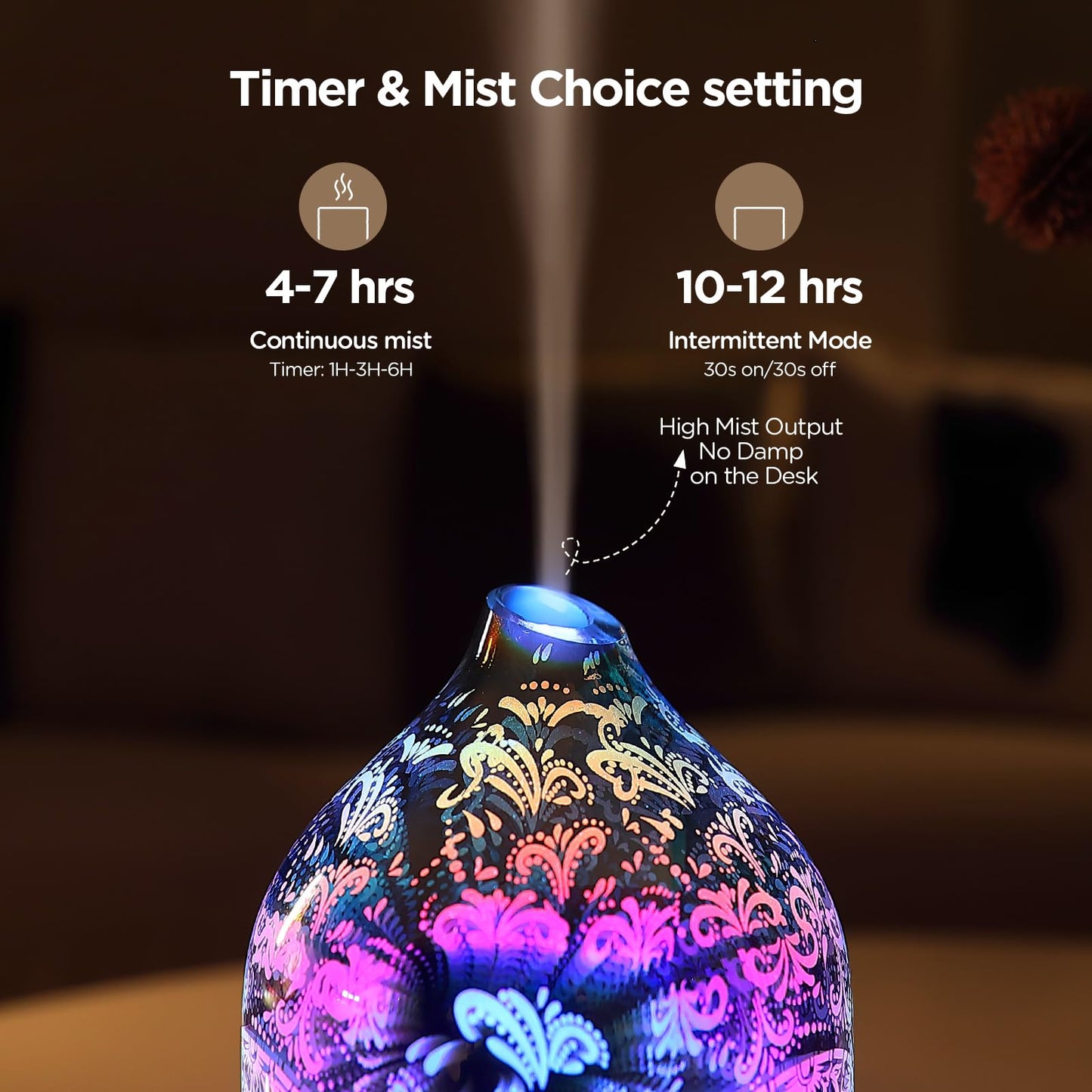 Essential Oil Diffuser Hand Blown Glass Aromatherapy Diffuser - Ultrasonic Cool Mist Scent Aroma Diffuser, Whisper Quiet with Auto Shut-Off, Timer Setting &7 Colors Night Light for Home