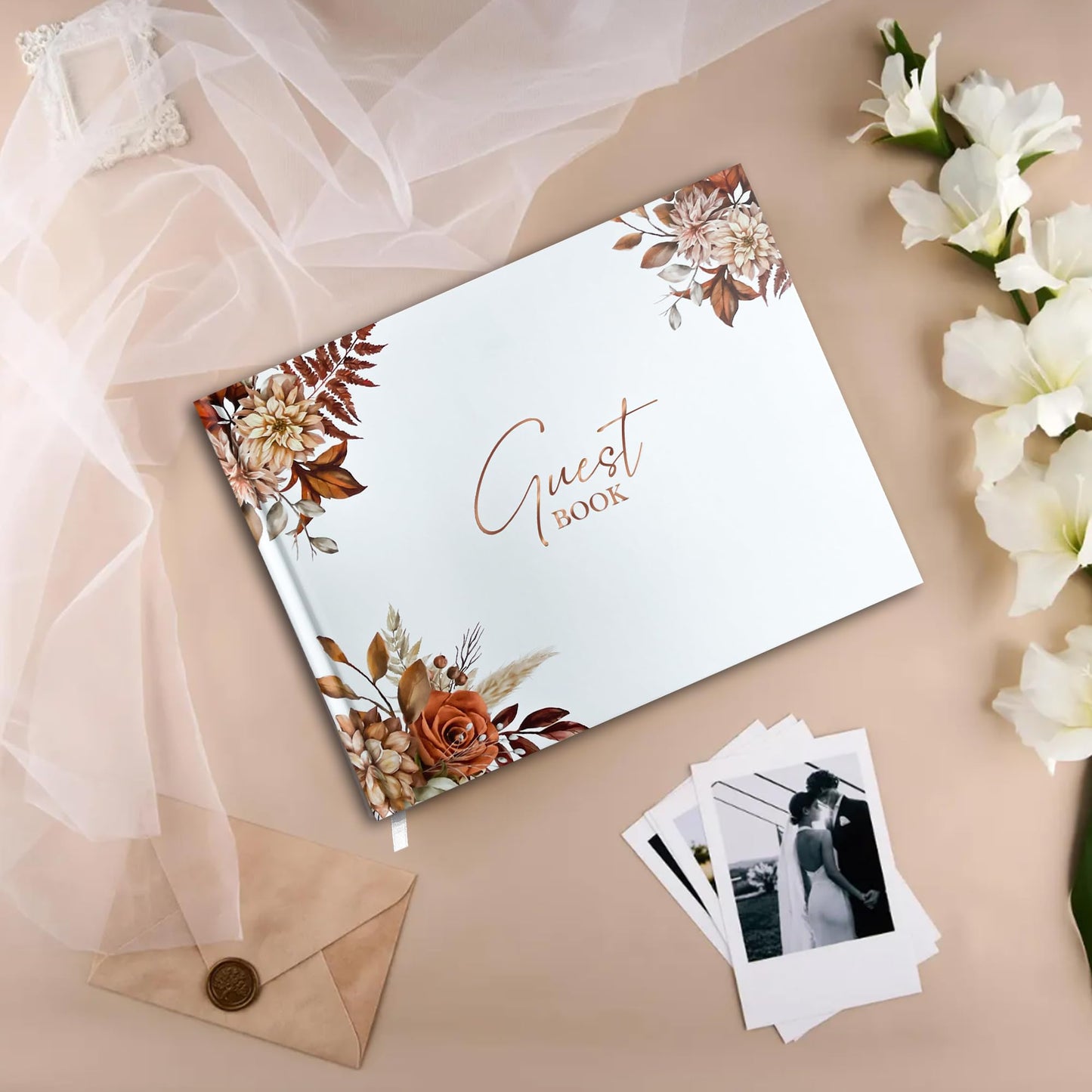Mr&MrsGifts Elegant Wedding Guest Book Wedding Reception Hard Cover Guest Sign in Book for Bridal and Baby Shower(Garland)