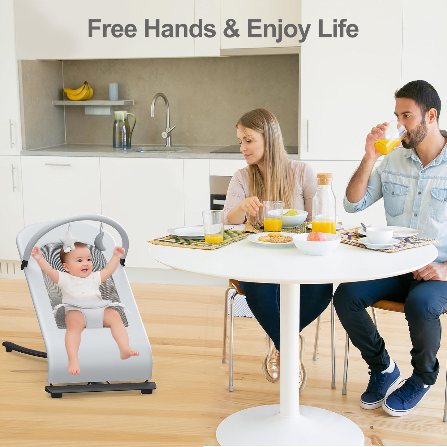 3-in-1 Portable Baby Bouncer & Rocker Chair for Newborn to Toddler - 4 Adjustable Recline Positions, Breathable Cotton Fabric, Natural Vibration, Supports Up to 33 lbs (Oatmeal Khaki)