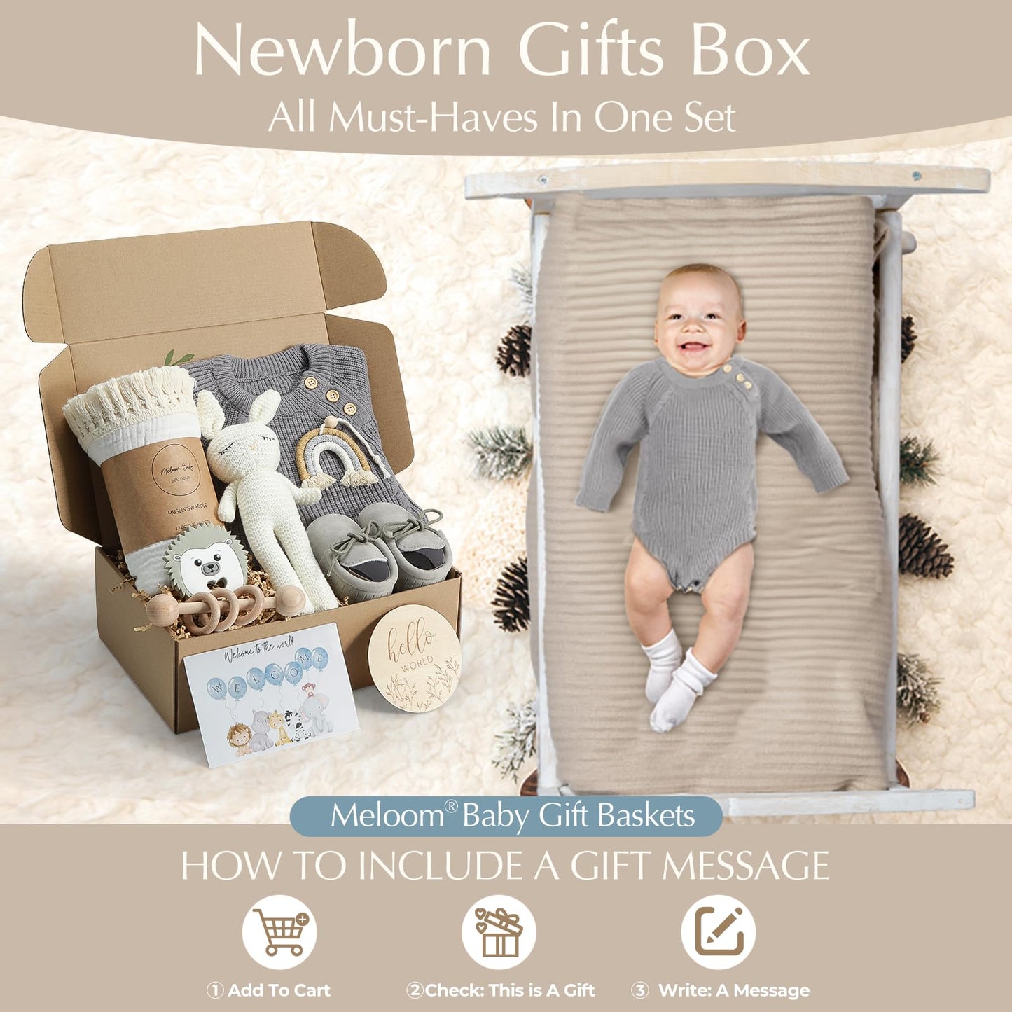 meloom Baby Gift Set, Unisex Newborn Gifts Box, Boho Gender Neutral Baby Essentials, for New Mom, New Baby Gifts for Boys and Girls, Personalized Gift Basket for New Babies
