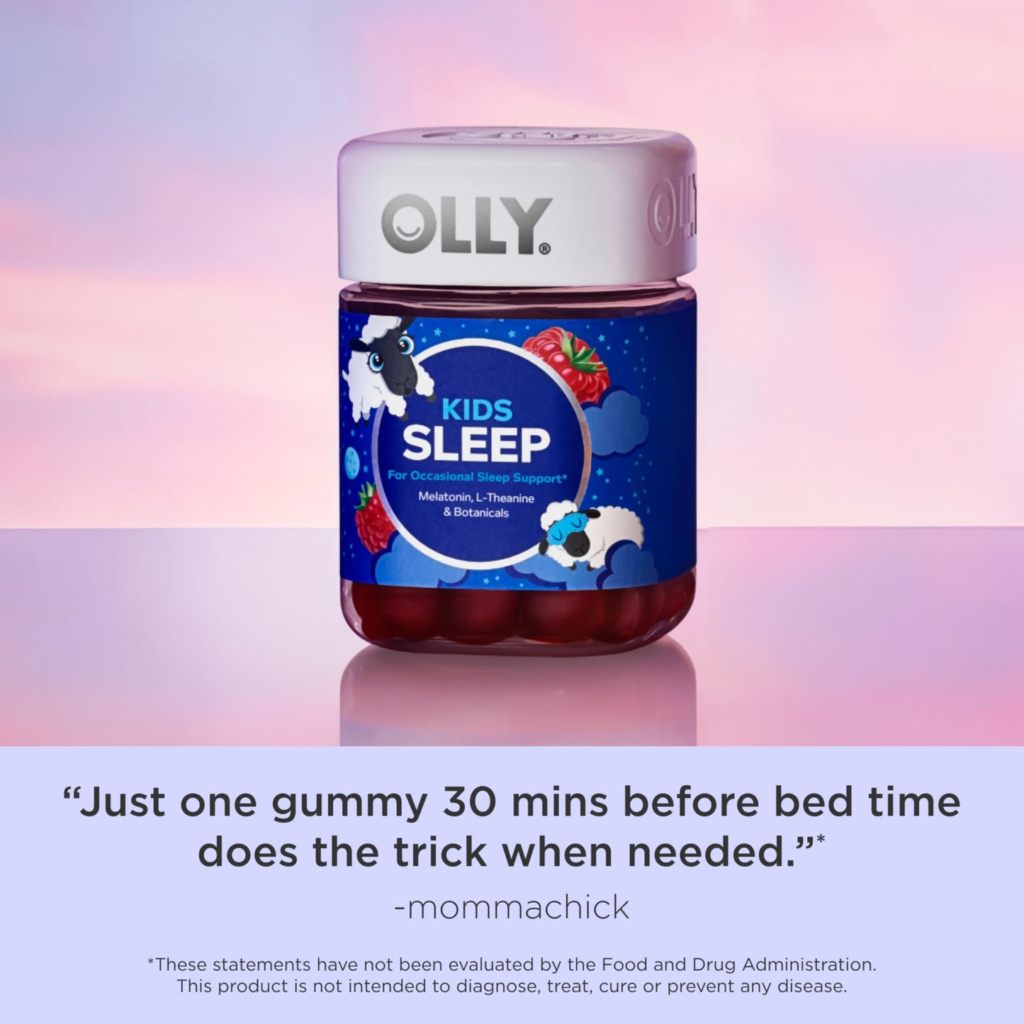 OLLY Kids Sleep Gummy, 0.5mg Melatonin, L Theanine, Chamomile, and Lemon Balm, Childrens Chewable Supplement, Raspberry - 50 Count