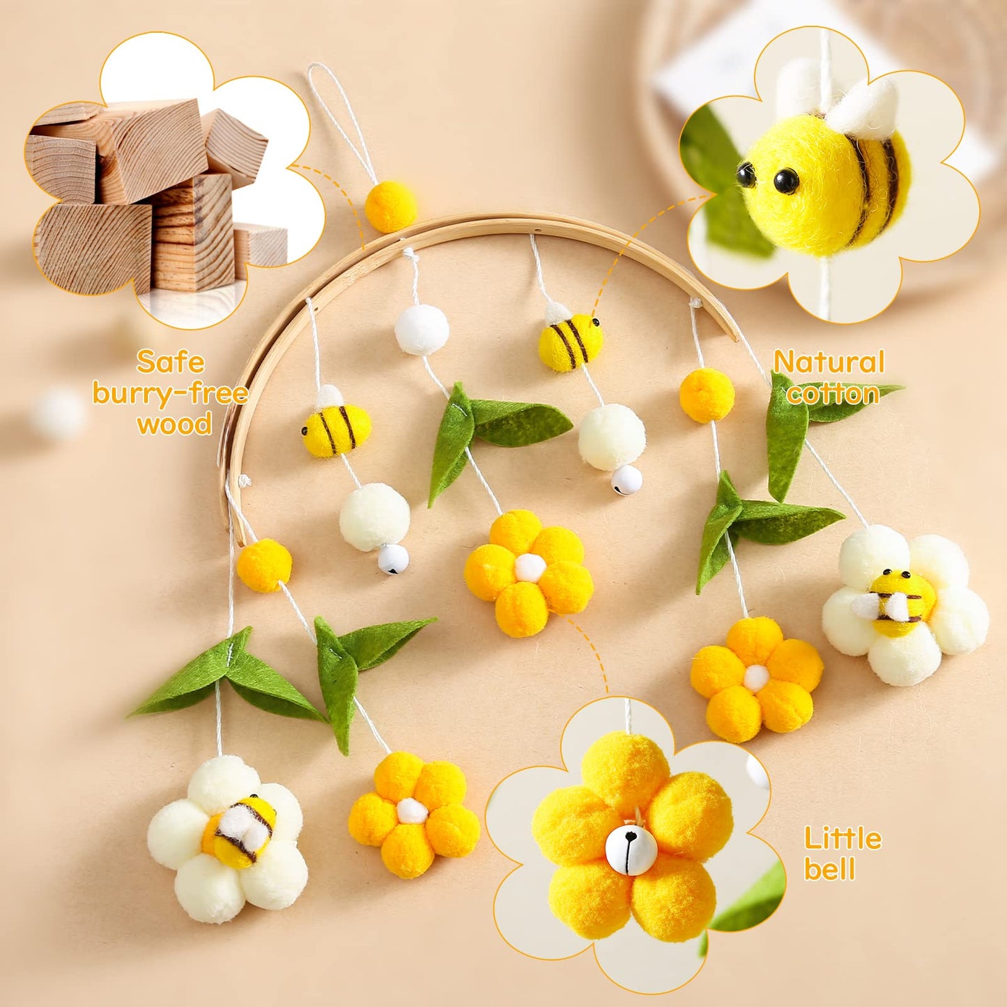 OESSUF Baby Mobile for Crib, Crib Nursery Mobile for Boys Girls, Boho Bee Flower Nursery Decor Soothe Toy Baby Shower Set for Infant Bedroom Hanging Decoration Toy, Pink