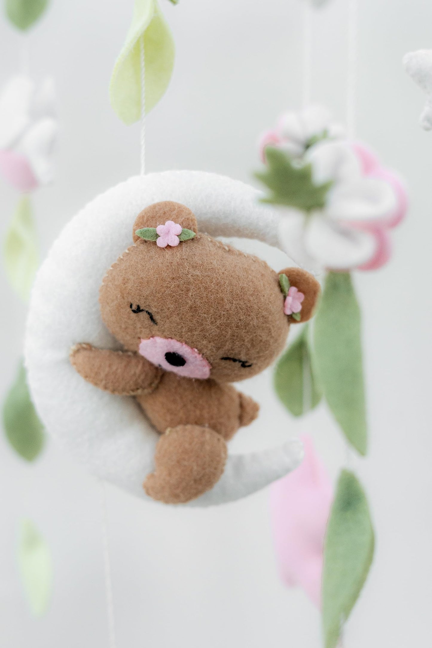 Girl Teddy Bear Mobile for Crib, Felt Ball Mobile Bear Crib Mobile Pink Bear Baby Shower, Gift Baby Nursery Decor Kids Mobile, Bear Stars Bird Mobile Mobile arm is NOT Included
