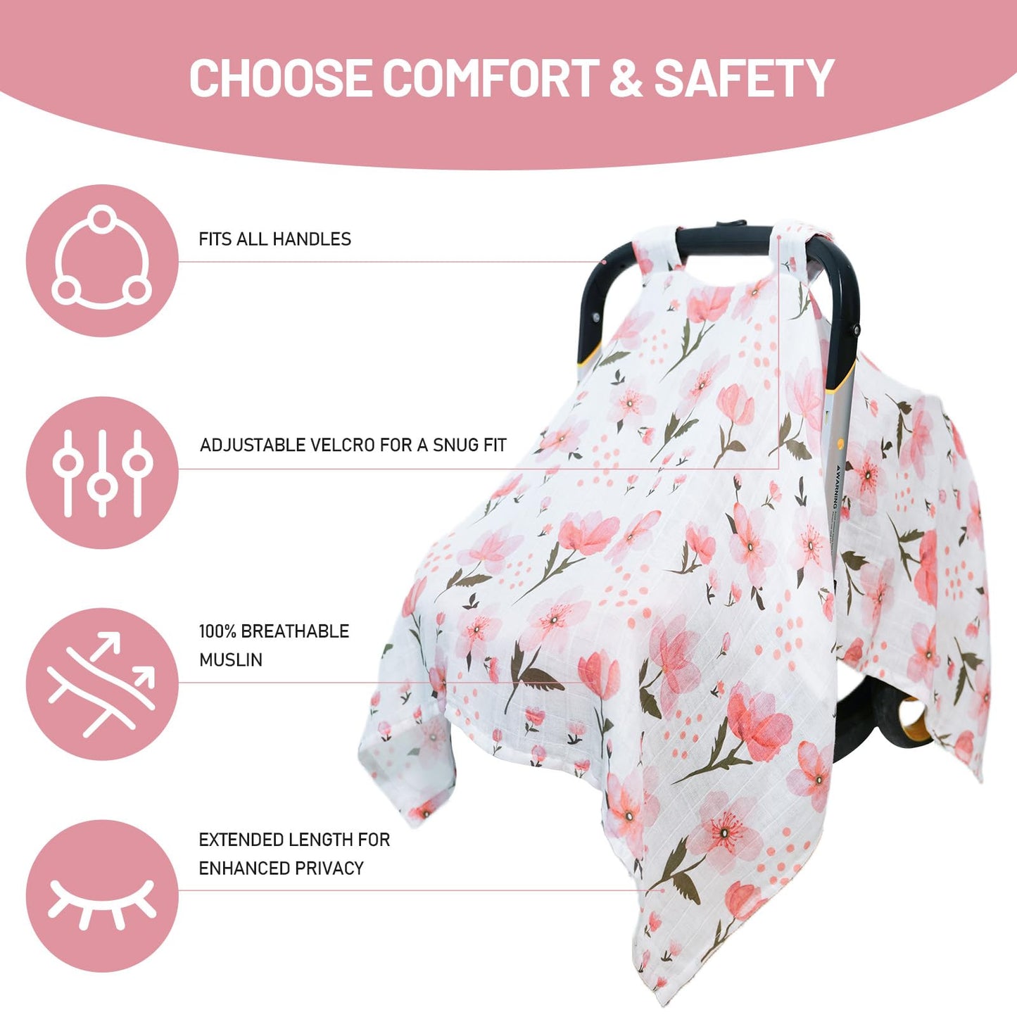 100% Muslin Summer Baby Car Seat Cover, Universal Fit Infant Car Seat Canopy, Breathable & Lightweight Sun, Weather Protection for Boys & Girls