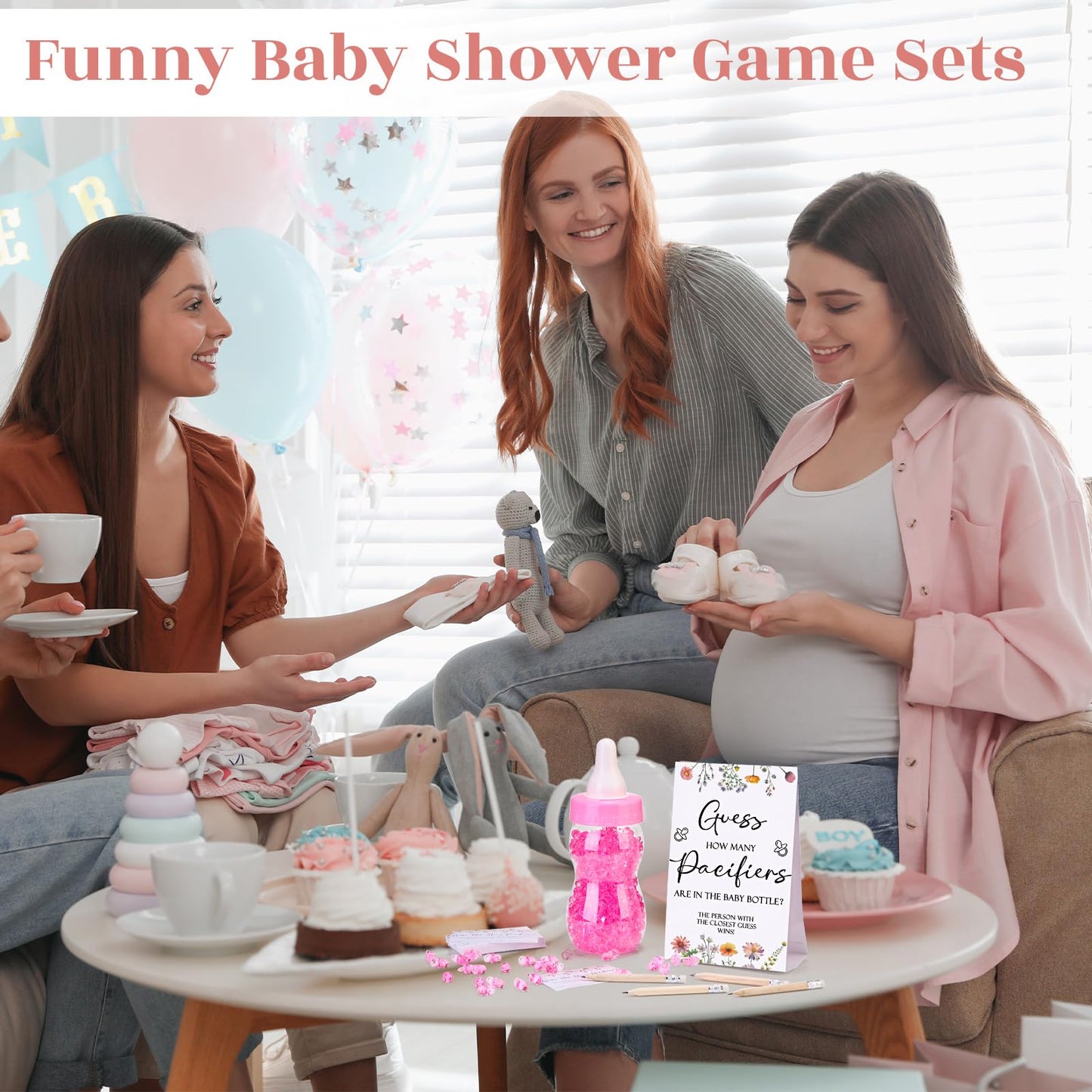 Roowest 512 Pcs Baby Shower Games Guess How Many Pacifiers Sign 100 Small Guessing Games 10 HB Pencils 750ml Milk Bottle 400 Acrylic Pacifiers Decoration for Guest Gender Reveal(Pink,Bear)