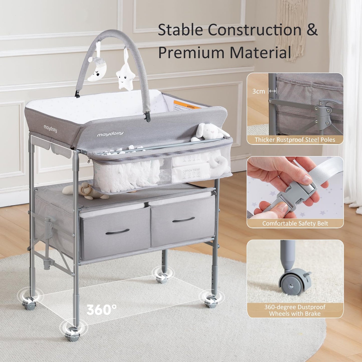 Baby Changing Table with Wheels, Maydolly Portable Foldable Changing Table, Waterproof Diaper Changing Station, Adjustable Height Changing Station, Mobile Nursery for Newborn and Infant (Grey)