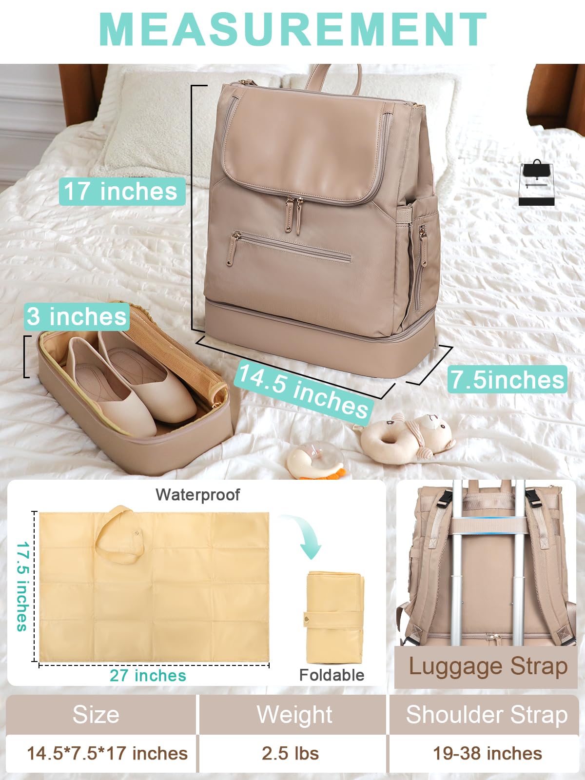 MOMINSIDE Diaper Bag Backpack - Large Baby Diaper Bag with 14 Pocket, Leather & Nylon Travel Diaper Backpack for Mom, Breast Pump Bag, Removable Cooler Compartment, Double Layer, Black