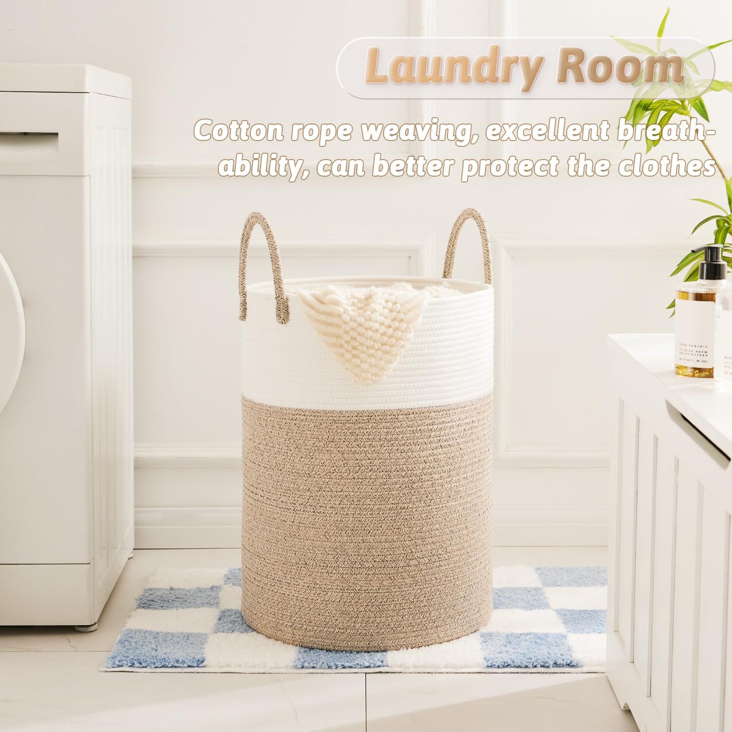 Laundry Basket,Woven Cotton Rope Laundry Hamper,60L for Decor Storage of Dirty Clothes,Toys and Blankets in Bathroom,Baby Room and Living Room