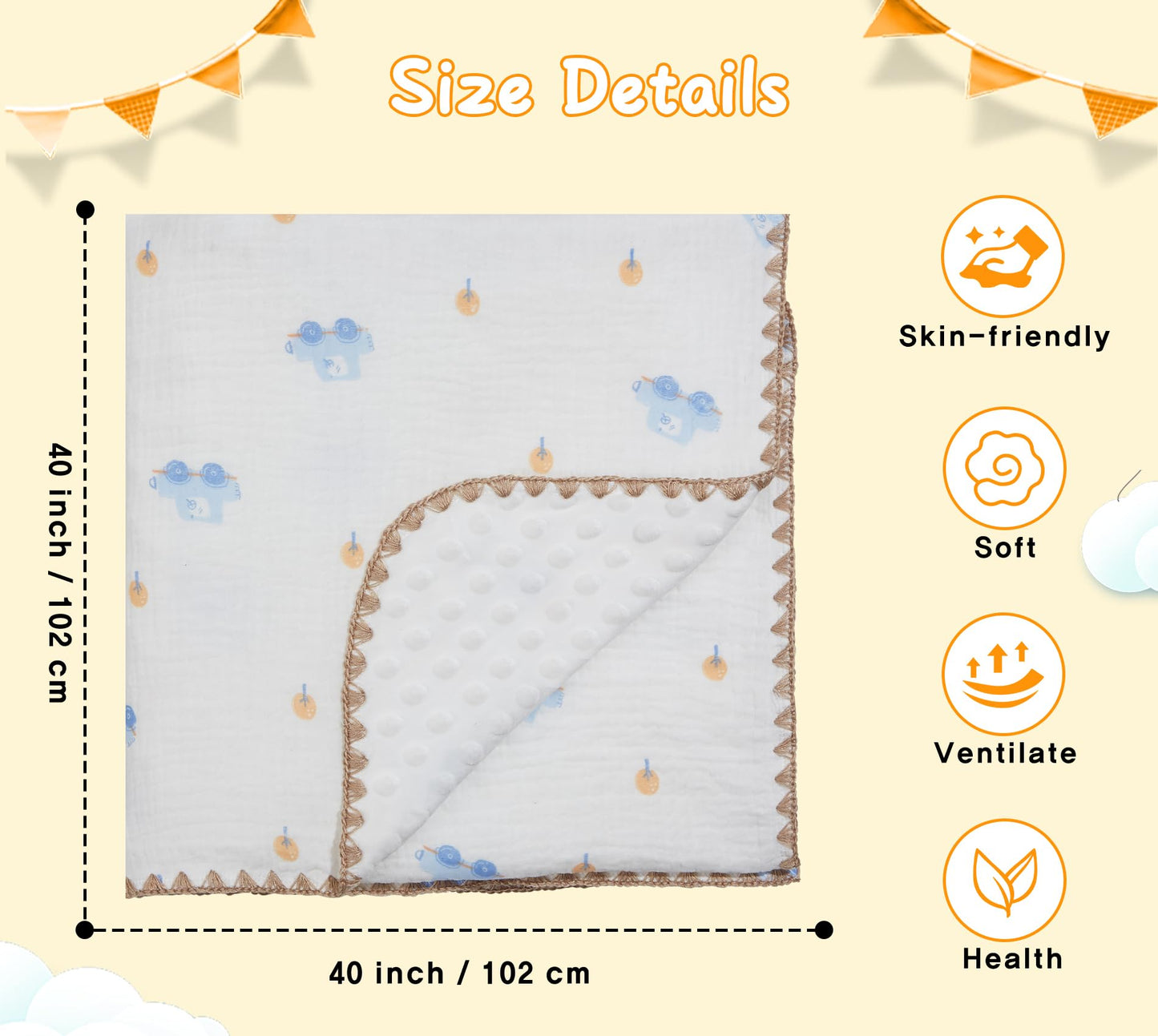 Baby Blanket Double Layer Cotton 40 x 40 Soft Receiving Blanket with Pattern Machine Washable Brown Bear