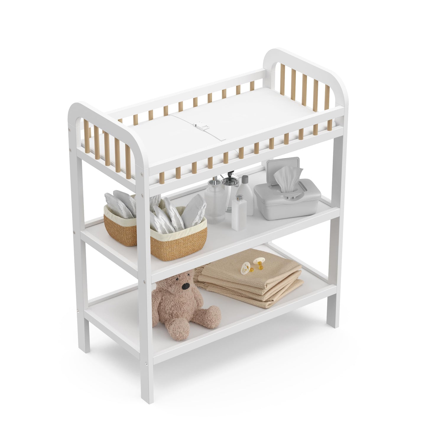 Storkcraft Pasadena Changing Table with Water-Resistant Changing Pad (Driftwood) - GREENGUARD Gold Certified, Includes Bonus Water-Resistant Changing Pad with Safety Strap, 2 Open Shelves