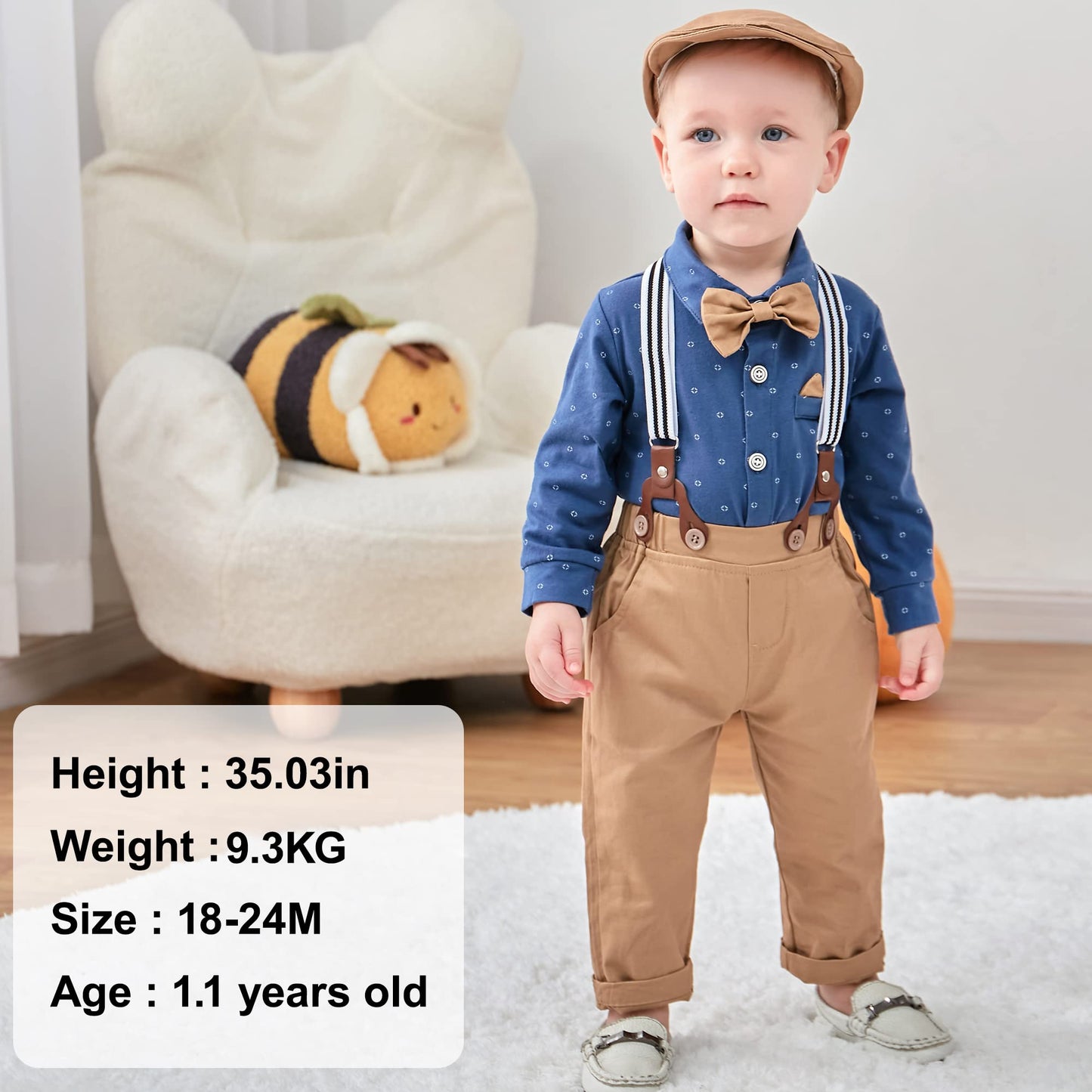 WESIDOM Baby Boy Clothes 0-18M Newborn Infant Gentleman Outfit, Shirt+Bowtie+Beret+Suspender Pant Baby boy Suit Clothing Set