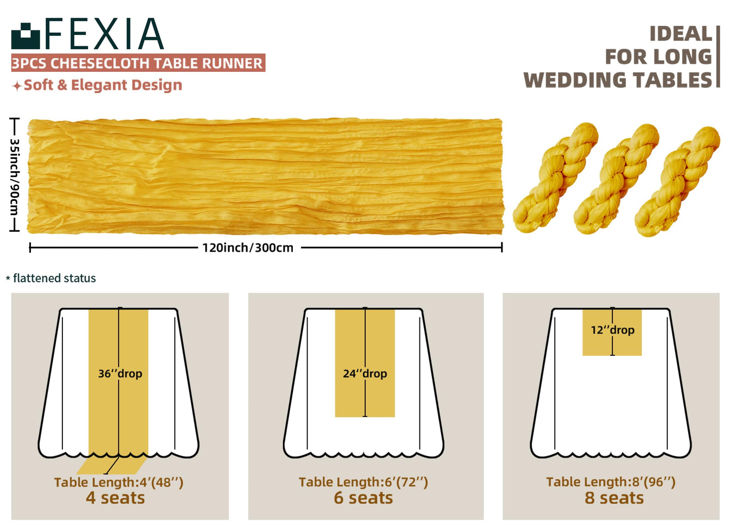 FEXIA Beige Cheesecloth Table Runner 35x120 Inches Ivory Gauze Rustic Boho Spring Easter Table Runner for Engagement Party Decorations Bridal Shower Wedding Party First Communion Centerpiece