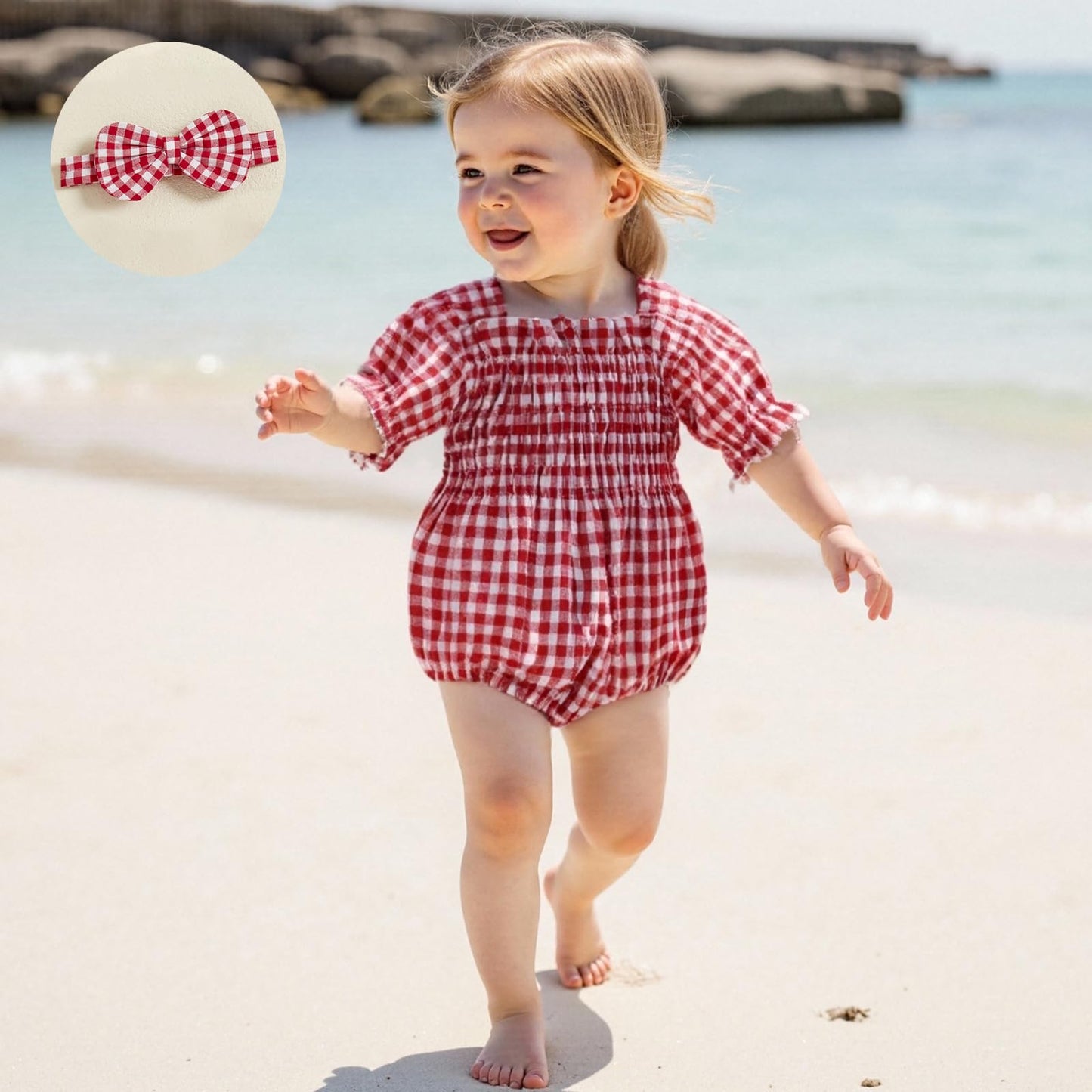 Infant Baby Girls Romper Ruffle Sleeve Pleated Smocked Bubble Plaid One Piece Ruched Jumpsuit Summer Bodysuit