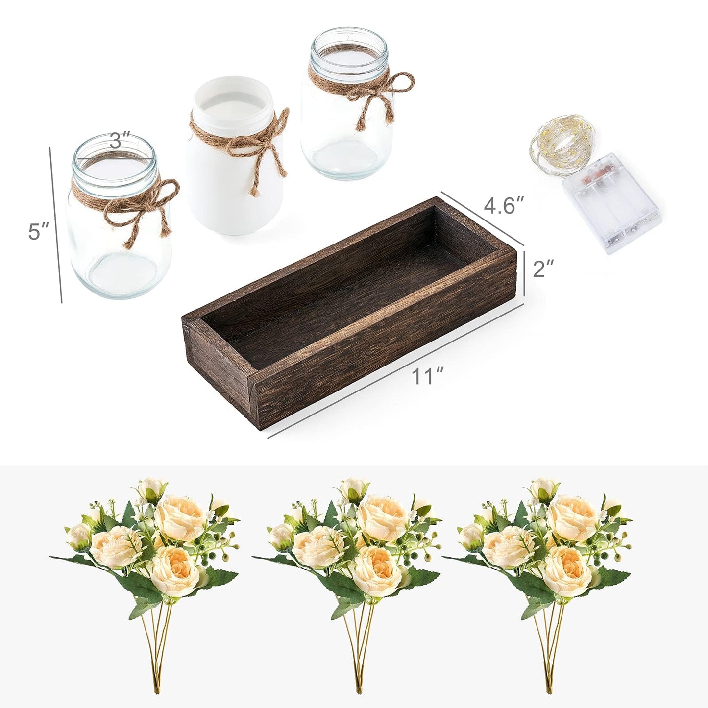 Mkono Mason Jar Lights Centerpiece Table Decor for Dining Room Farmhouse Wood Tray with 3 Jars Flowers Summer Decoration for Coffee Table Kitchen Living Room Wedding