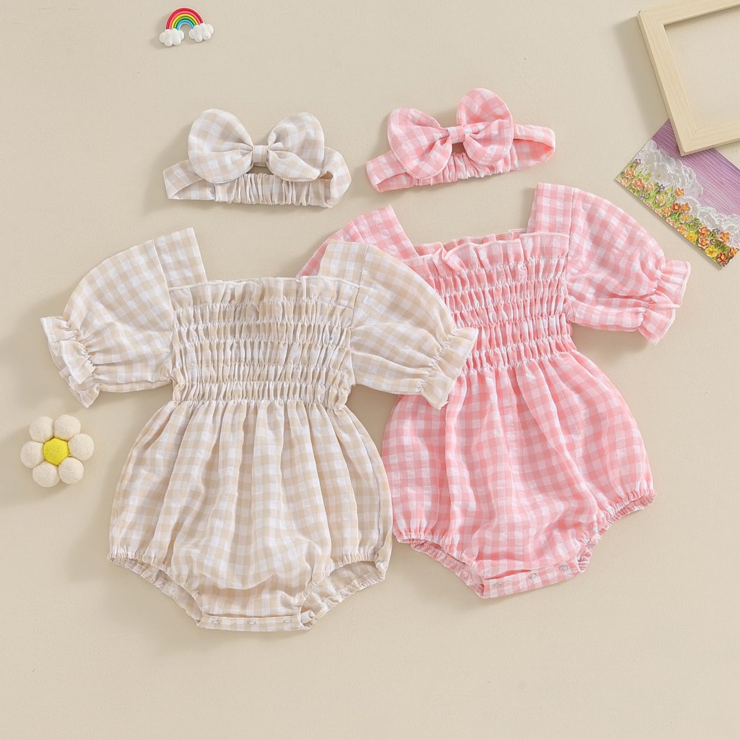 Infant Baby Girls Romper Ruffle Sleeve Pleated Smocked Bubble Plaid One Piece Ruched Jumpsuit Summer Bodysuit