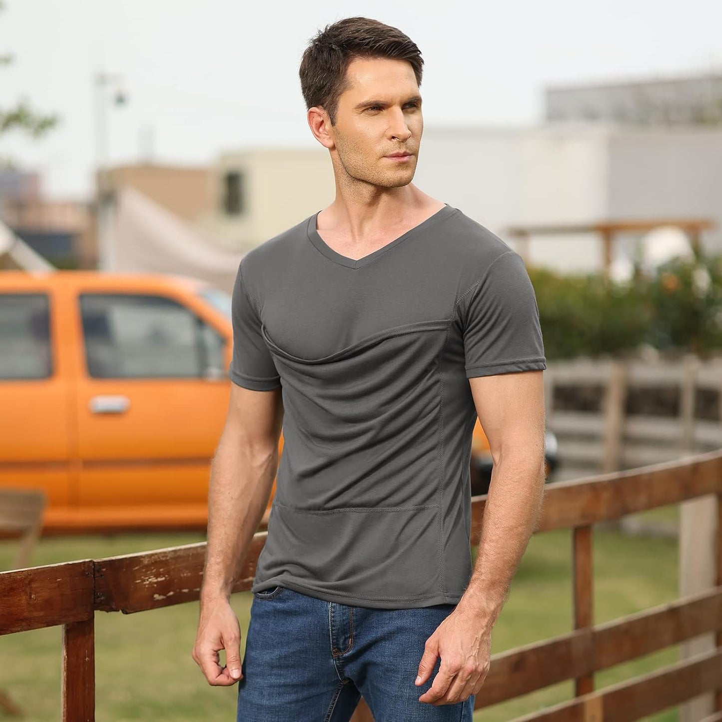 Mens Baby Carrier Shirt V Neck Short Sleeve T-Shirts for Men Skin to Skin T-Shirt with Pocket