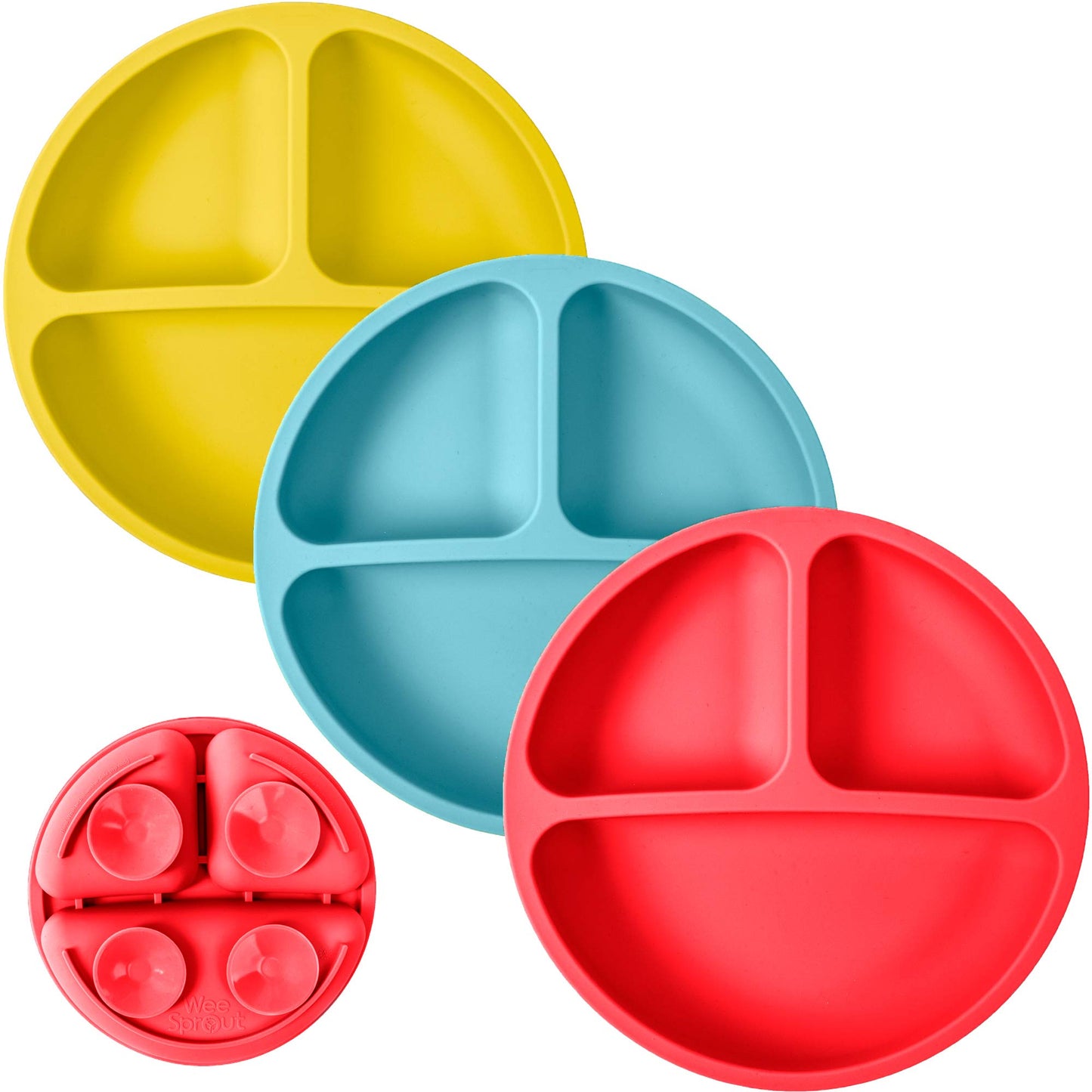 WeeSprout Suction Plates with Lids for Babies & Toddlers - 100% Silicone, Dinnerware Stays Put, Divided Design for Picky Eaters, Microwave & Dishwasher Friendly, 3 Pack