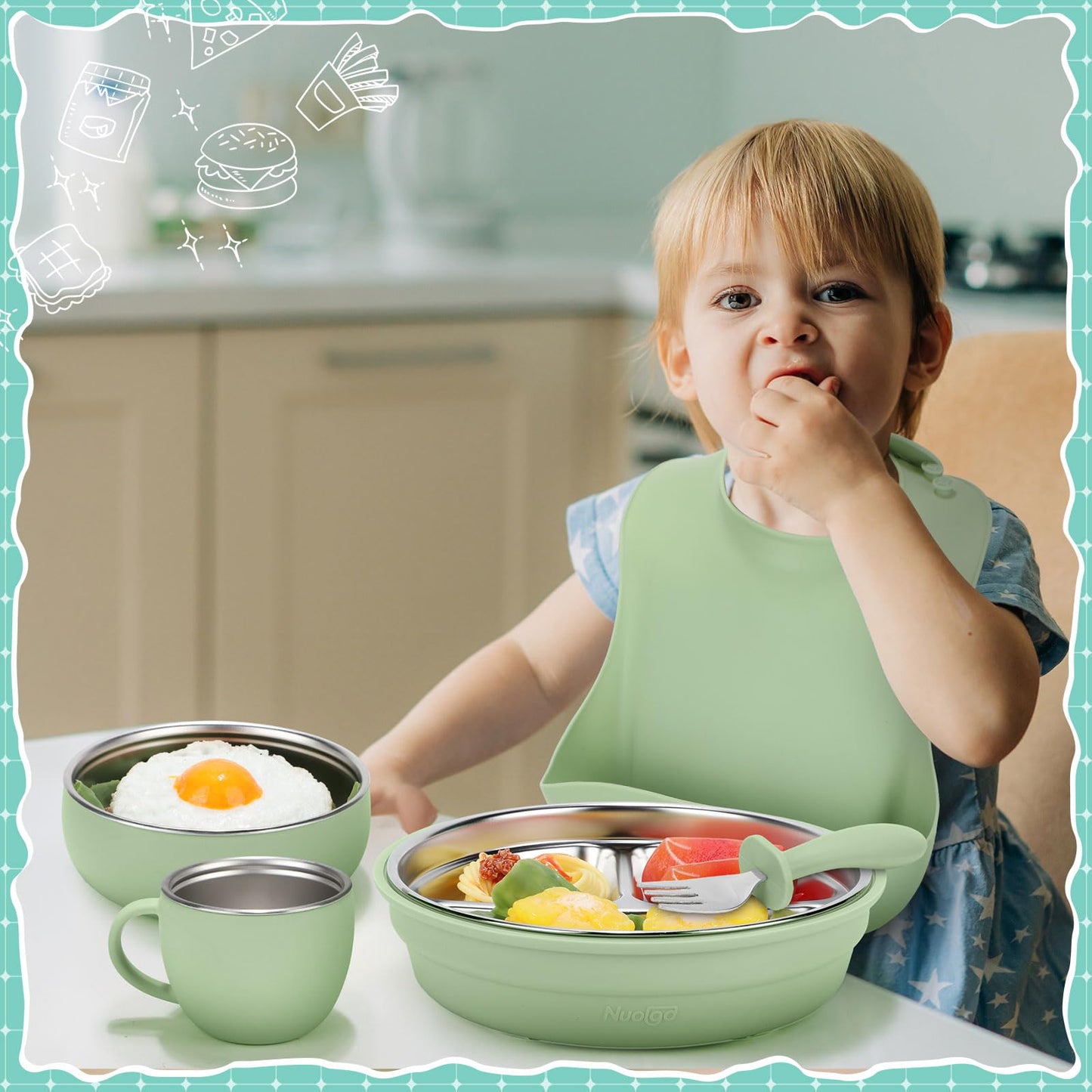 Nuogo 6 Pcs 304 Stainless Steel Kids Plates and Bowls Set Stainless Steel Suction Bowls and Toddler Cup with Removable Silicone, Forks Spoons Pocket Bib for Baby Toddle(Pink,Round)