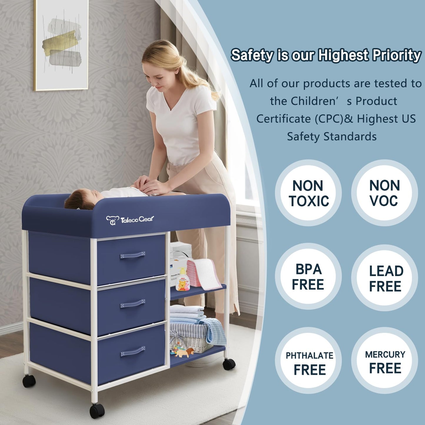 G TALECO GEAR Baby Changing Table, Portable Changing Table, Diaper Changing Station with Waterproof Pad, Changing Table Dresser with 3 Storage Baskets, Mobile Nursery Organizer for Newborn Essentials