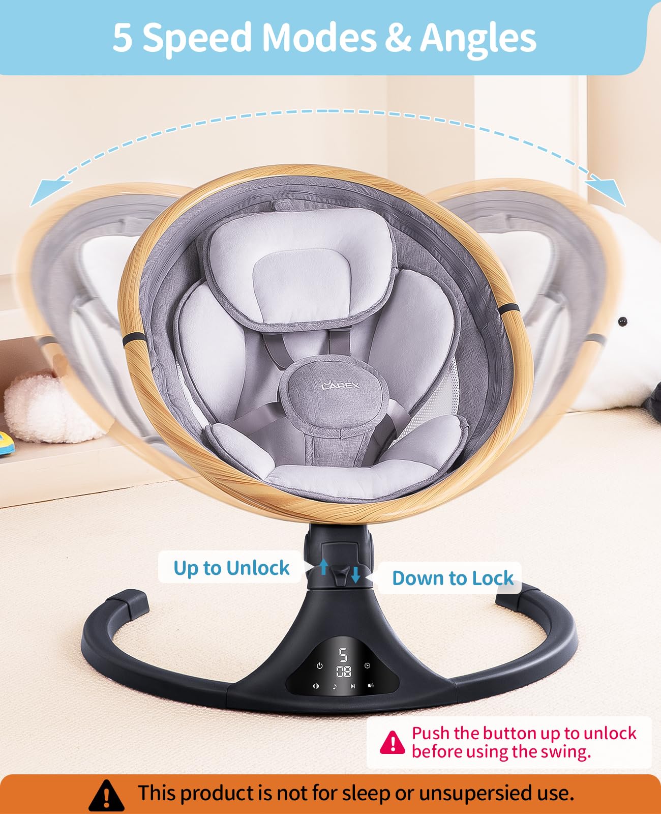 LAREX Baby Swing to Toddler Electric Infant Swing Portable for Newborn Boy Girl, 5 Sway Speeds with Remote Control, 12 Preset Melodies and Bluetooth, 0-6 Months Max 20 Lbs(Dark Wood Grain)