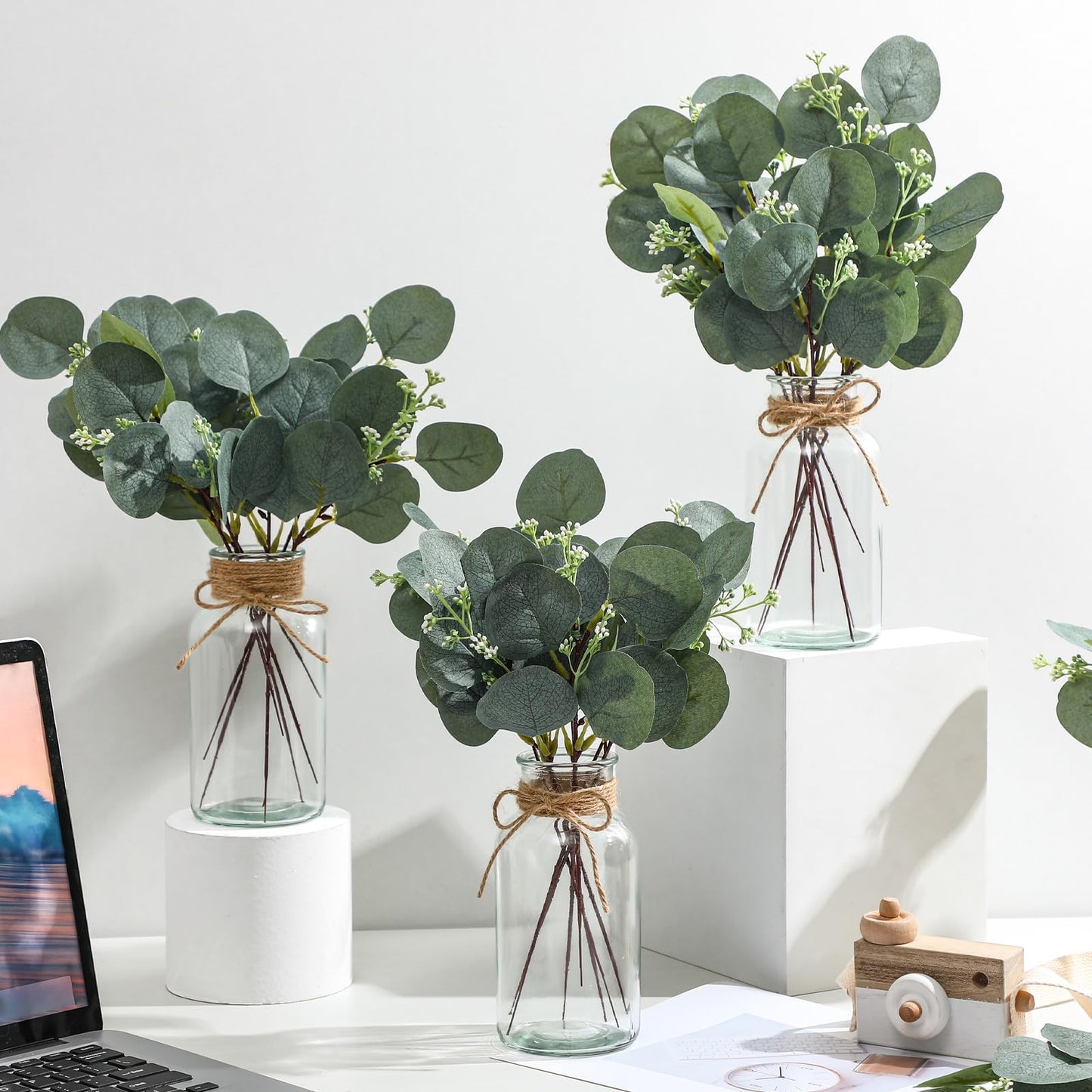 4 Pack Artificial Eucalyptus Stems in Glass Vase 15 Inch Fake Plants Eucalyptus Potted Fake Plant with Double-Sided Green Leaves for Desk,Farmhouse,Wedding,Home,Office Decor(Classical)